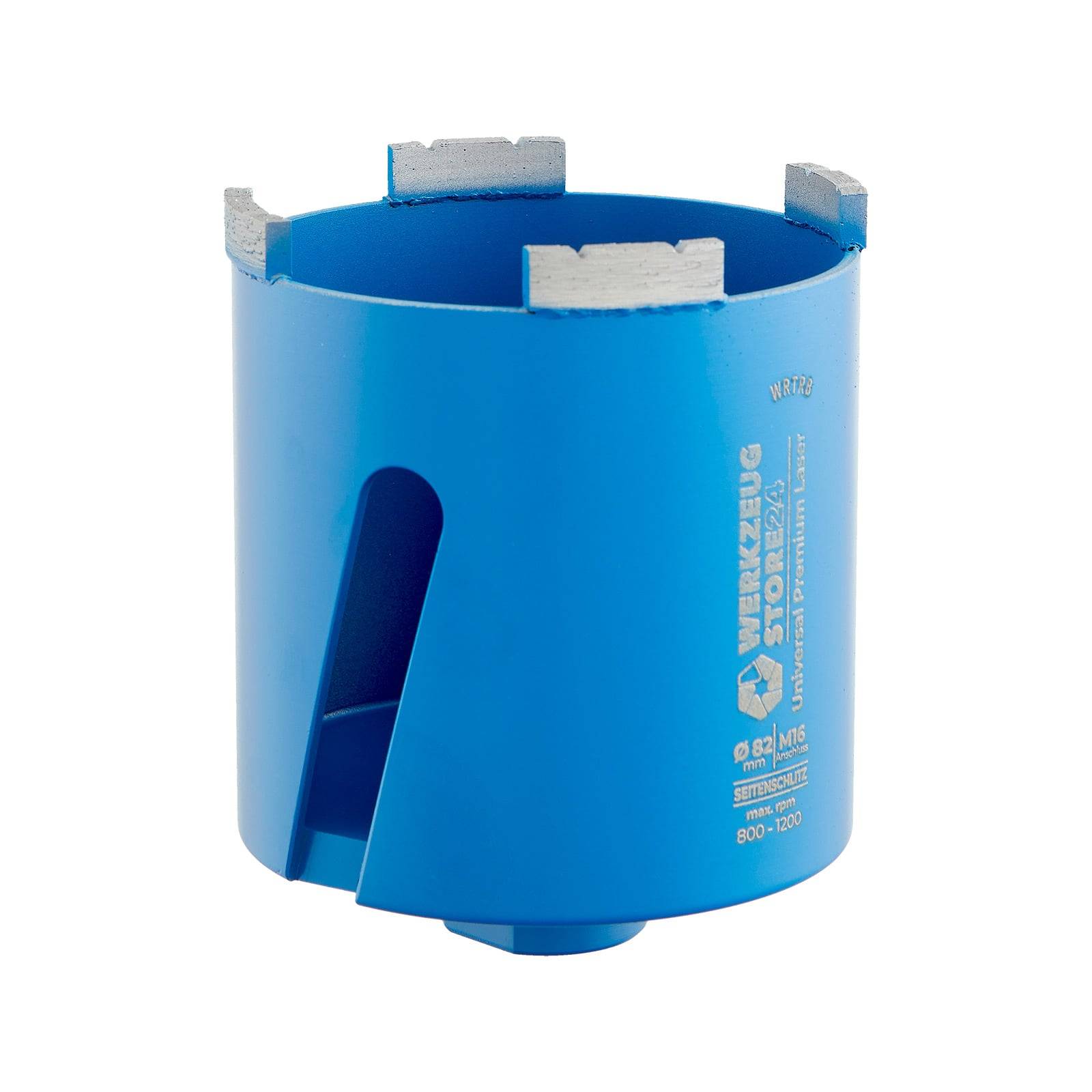 Ein blauer Kernbohrer mit gezackter Kante und seitlichem Schlitz, mit der Bezeichnung 'Werkzeug' und technischen Spezifikationen, zum Bohren verwendet.