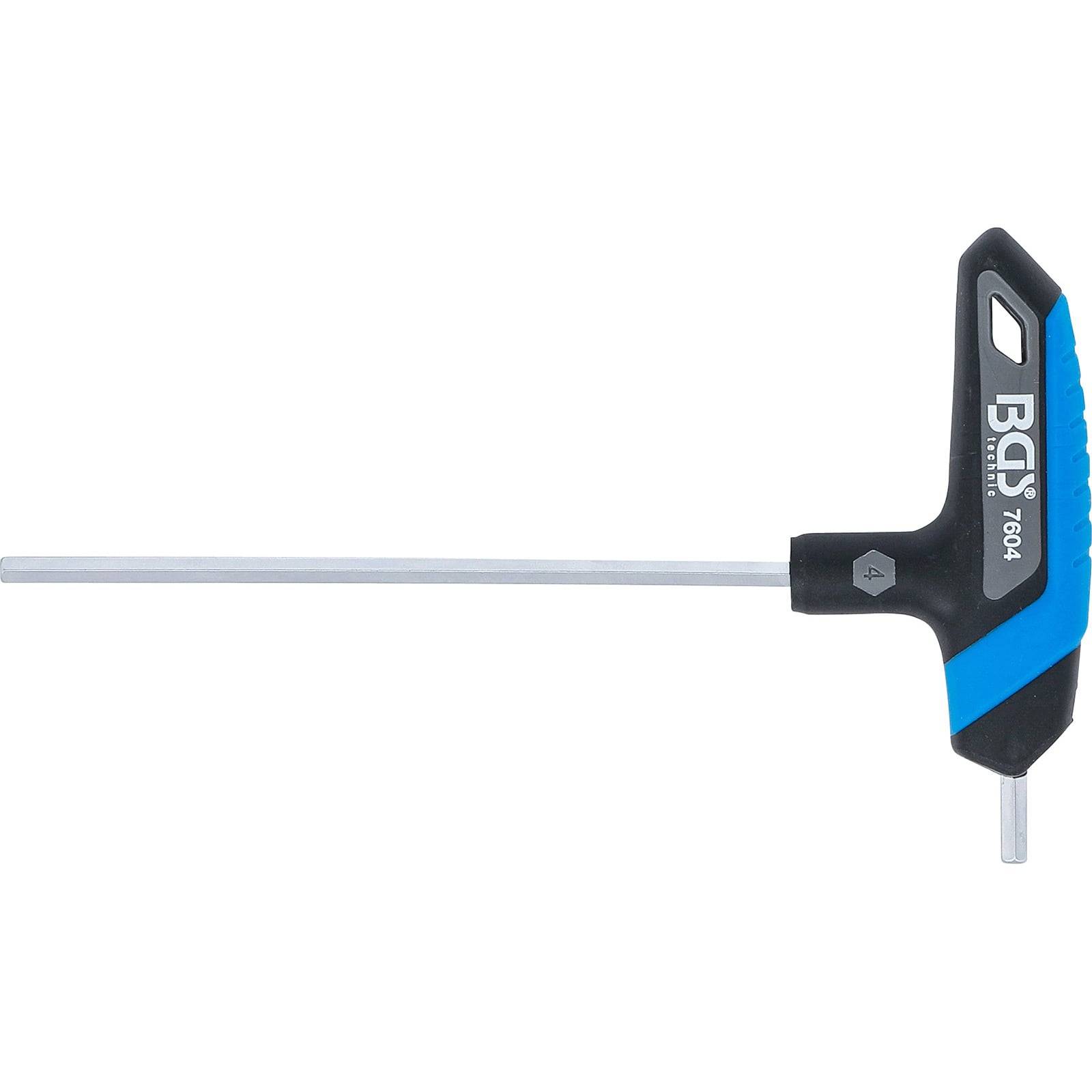 Ein langer T-Griff-Inbusschlüssel mit einem blau-schwarzen Griffdesign, der ein kleines Loch zum Aufhängen aufweist und zum Anziehen oder Lösen von Innensechskantschrauben verwendet wird.