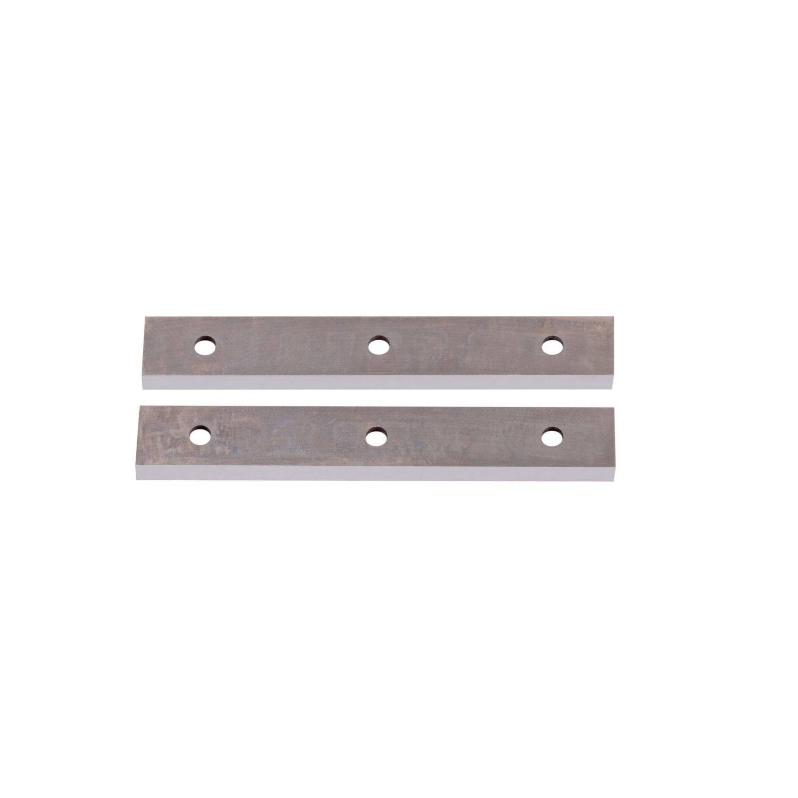 Zwei parallele rechteckige Metallstäbe mit je drei gleichmäßig verteilten Bohrlöchern.