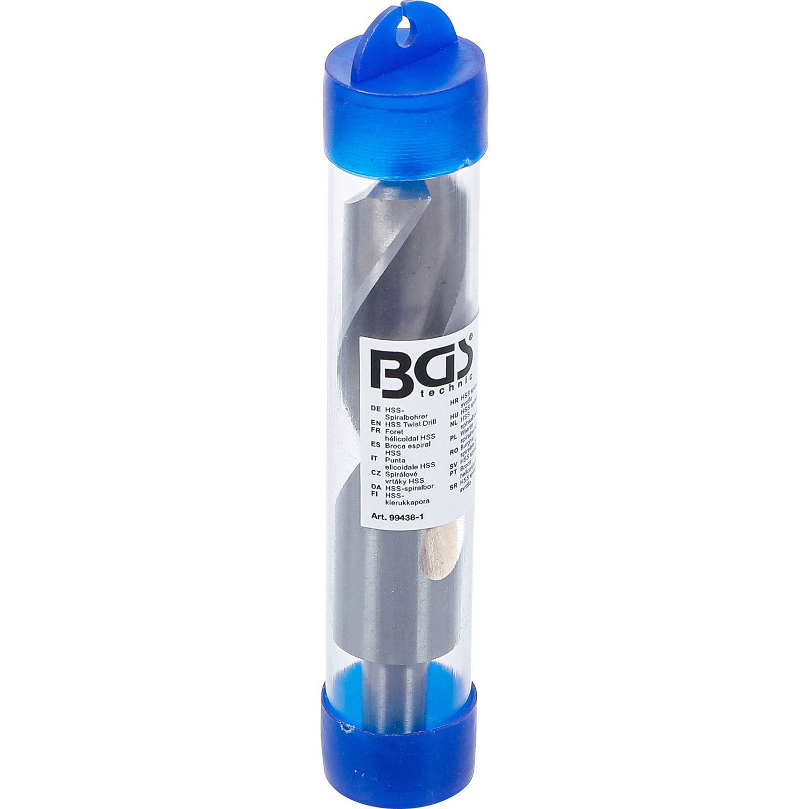 Ein zylindrischer Kunststoffbehälter mit blauen Deckel enthält einen Metallbohrer, der mit 'BGS' beschriftet ist und verschiedene technische Details aufweist.