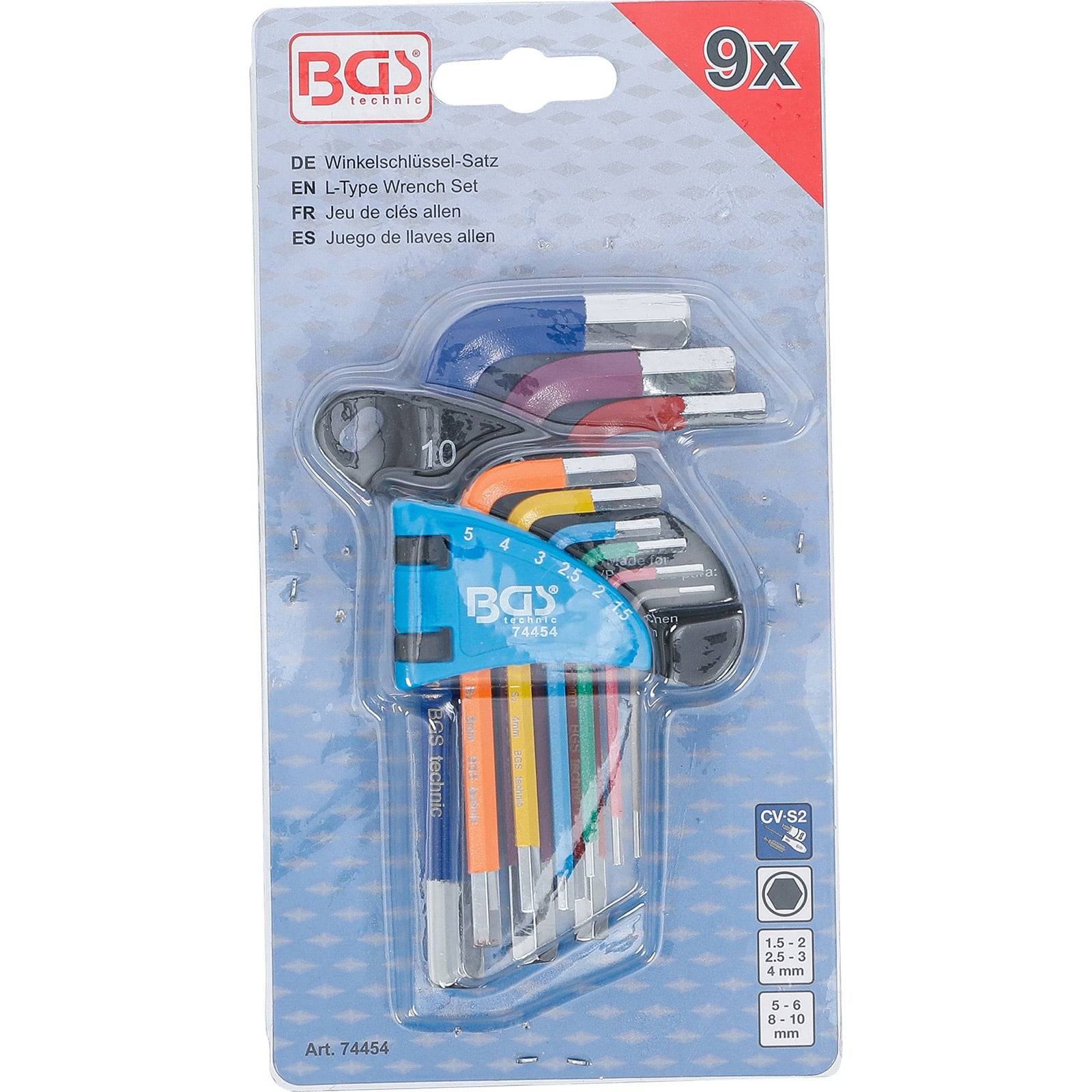 Ein Satz von neun Sechskantschlüsseln in verschiedenen Größen, farbcodiert für einfache Identifizierung. In einem Kunststoffhalter verpackt und mit Wandmontage-Option.
