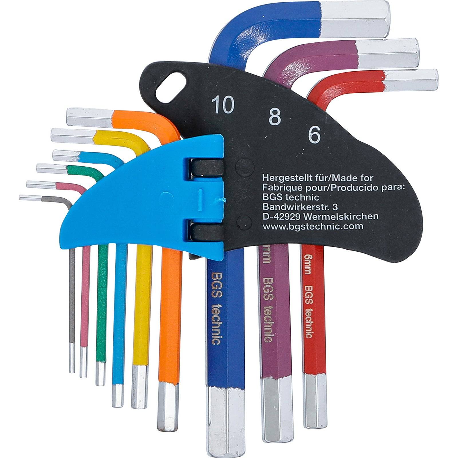 Sechskantschlüssel-Set mit verschiedenen Größen von 1,5 bis 10, jeder mit einem anders farbigen Griff, auf einem schwarzen Halter zur einfachen Entnahme organisiert.