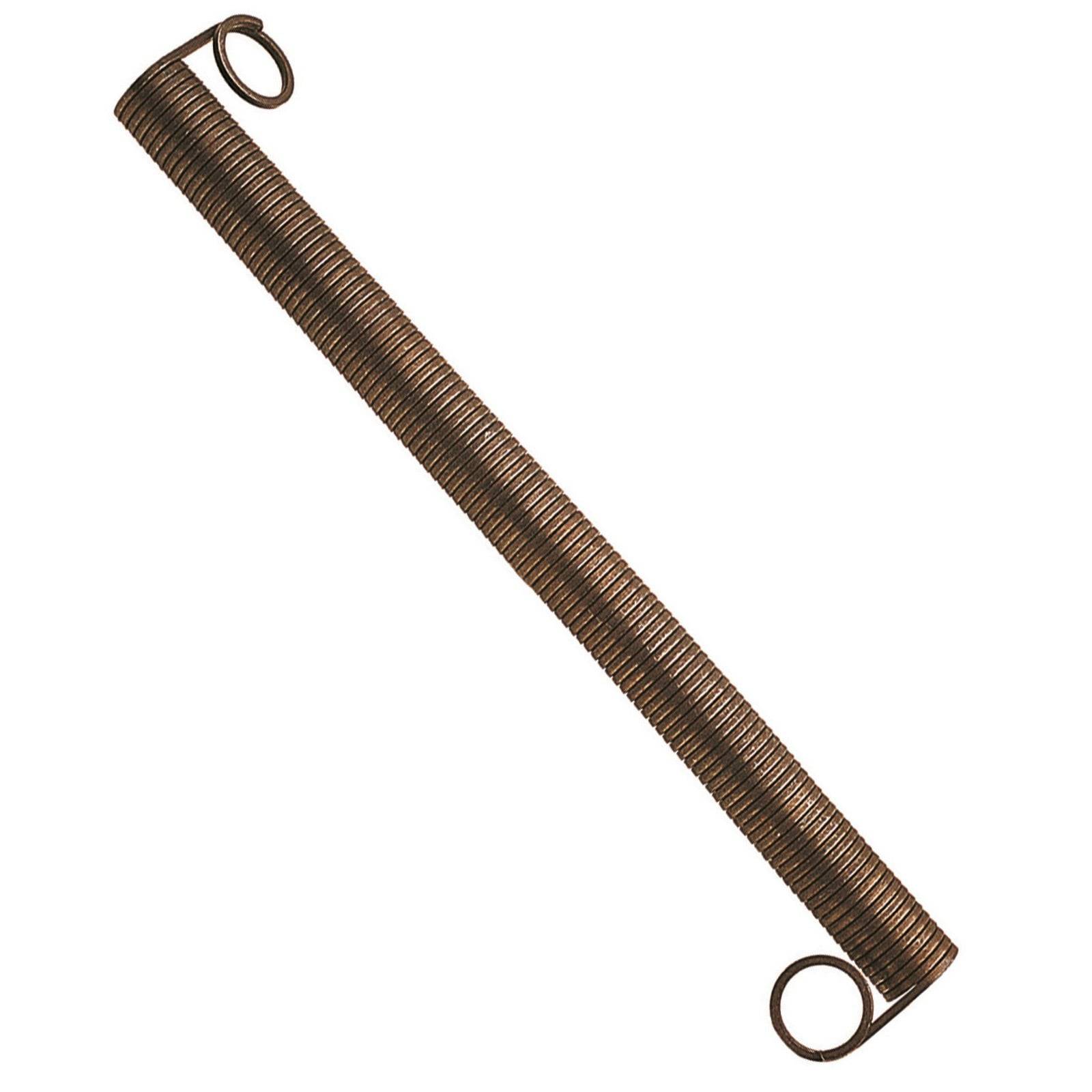 Eine gewickelte Metallfeder mit Schlaufen an beiden Enden, möglicherweise für Maschinen oder Möbel verwendet.