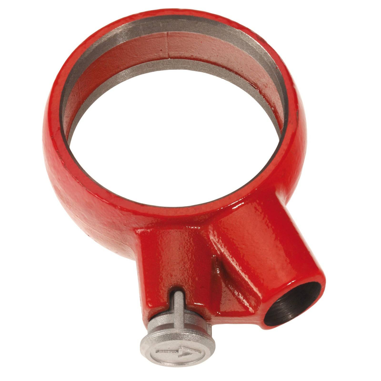 Ein roter Metallrohranschluss mit Seitenauslass, der zum Verbinden von Rohren in einem Winkel verwendet wird.