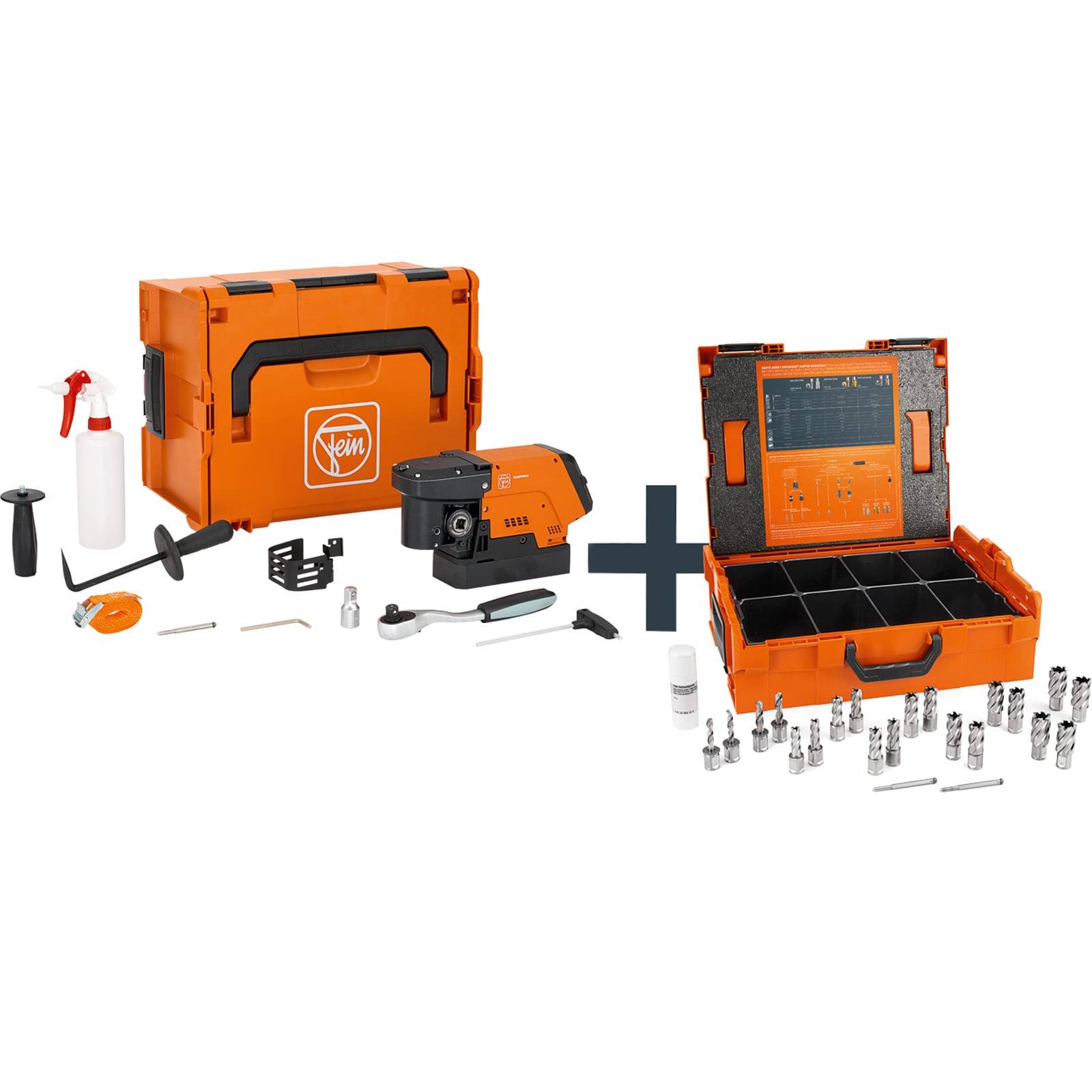 FEIN Kernbohr-Technik' Set mit einer orangefarbenen Werkzeugbox, Bohrausrüstung, Zubehör und austauschbaren Teilen für Kernbohrungen.