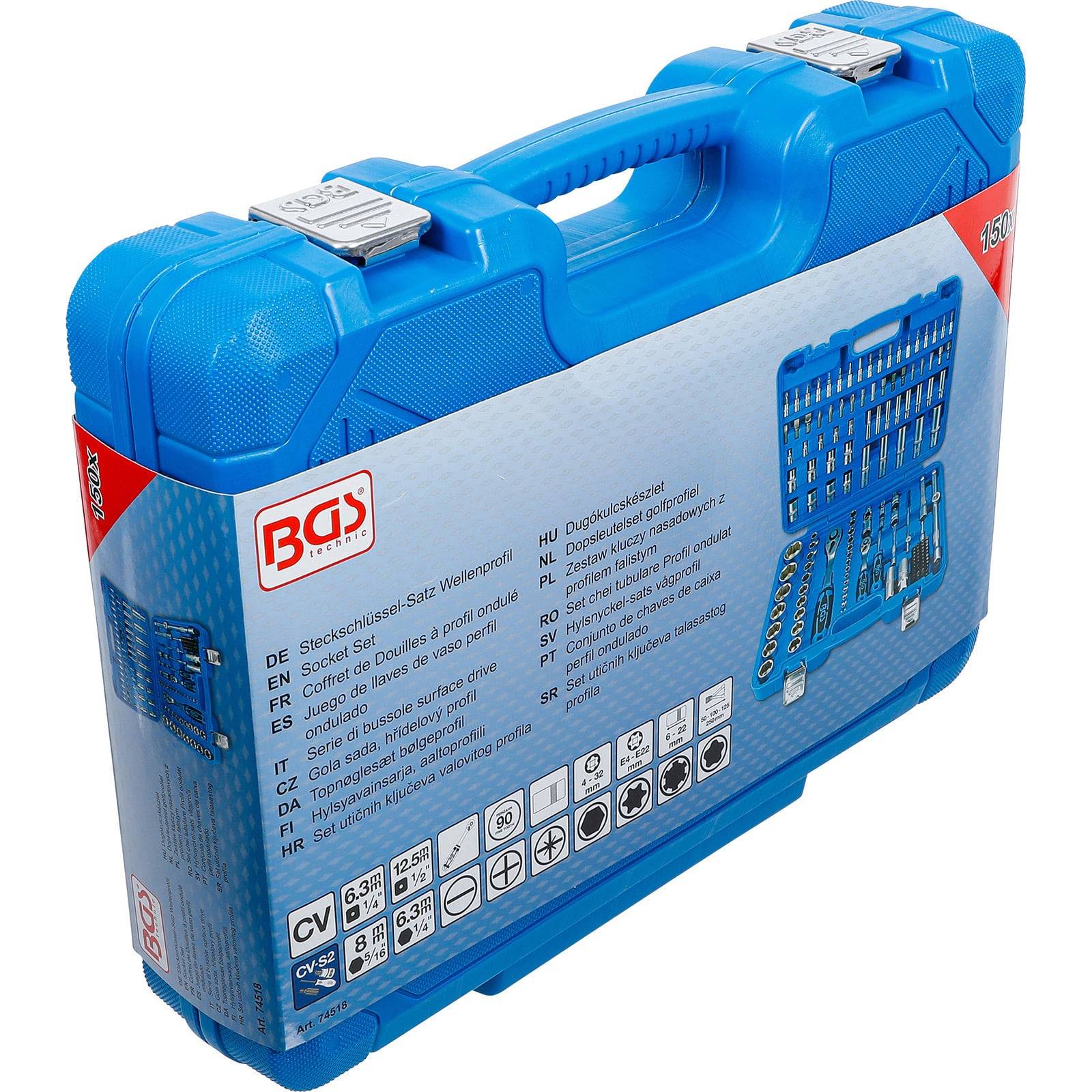 Eine blaue Plastiktragetasche mit einem 'BGS'-Logo und einem roten Akzent, die ein Werkzeugset enthält. Die Rückseite zeigt Artikeldetails in verschiedenen Sprachen.