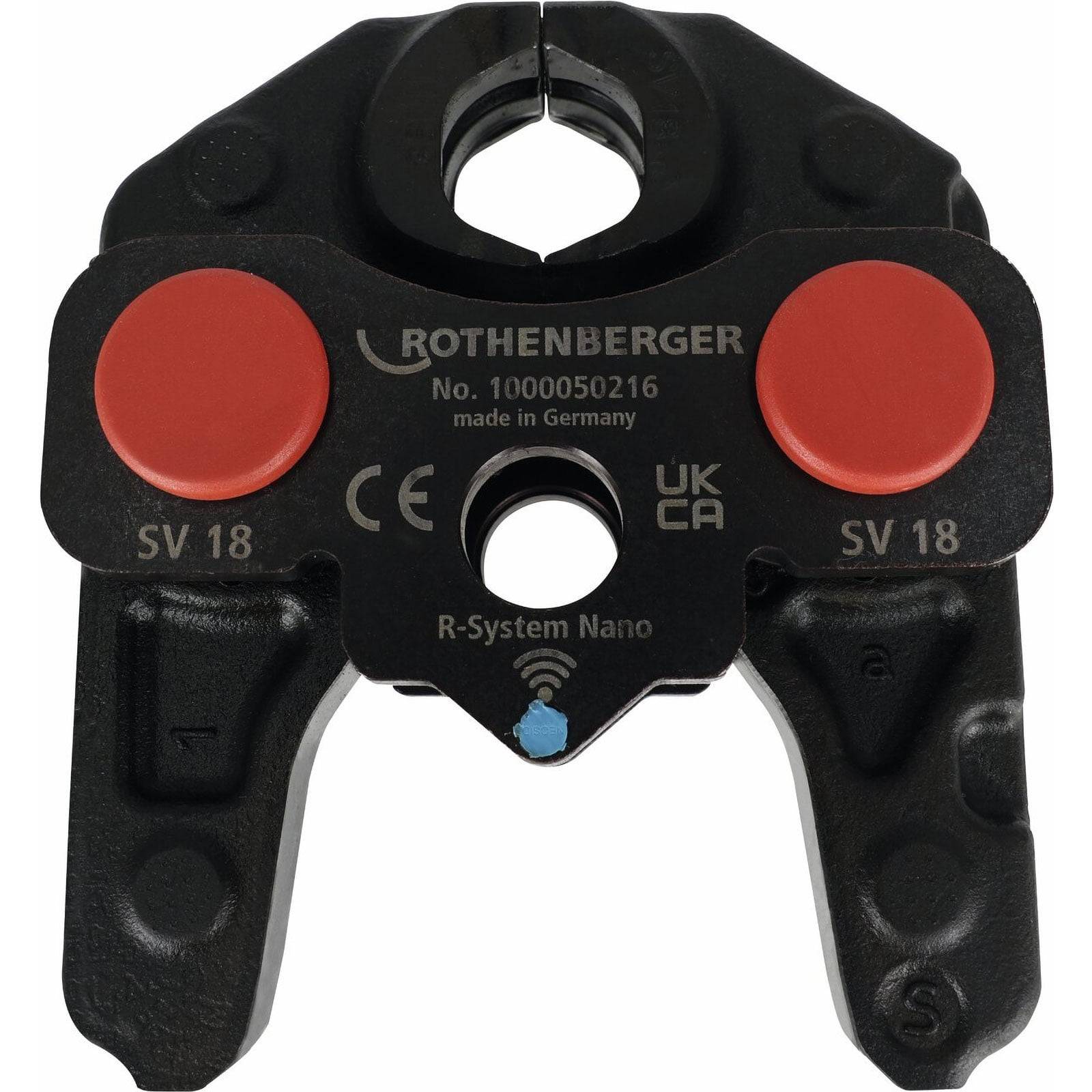 Rothenberger SV 18 R-System Nano, eine Werkzeugkomponente mit roten kreisförmigen Elementen. Gekennzeichnet durch Markierungen: CE, UKCA, „Made in Germany
