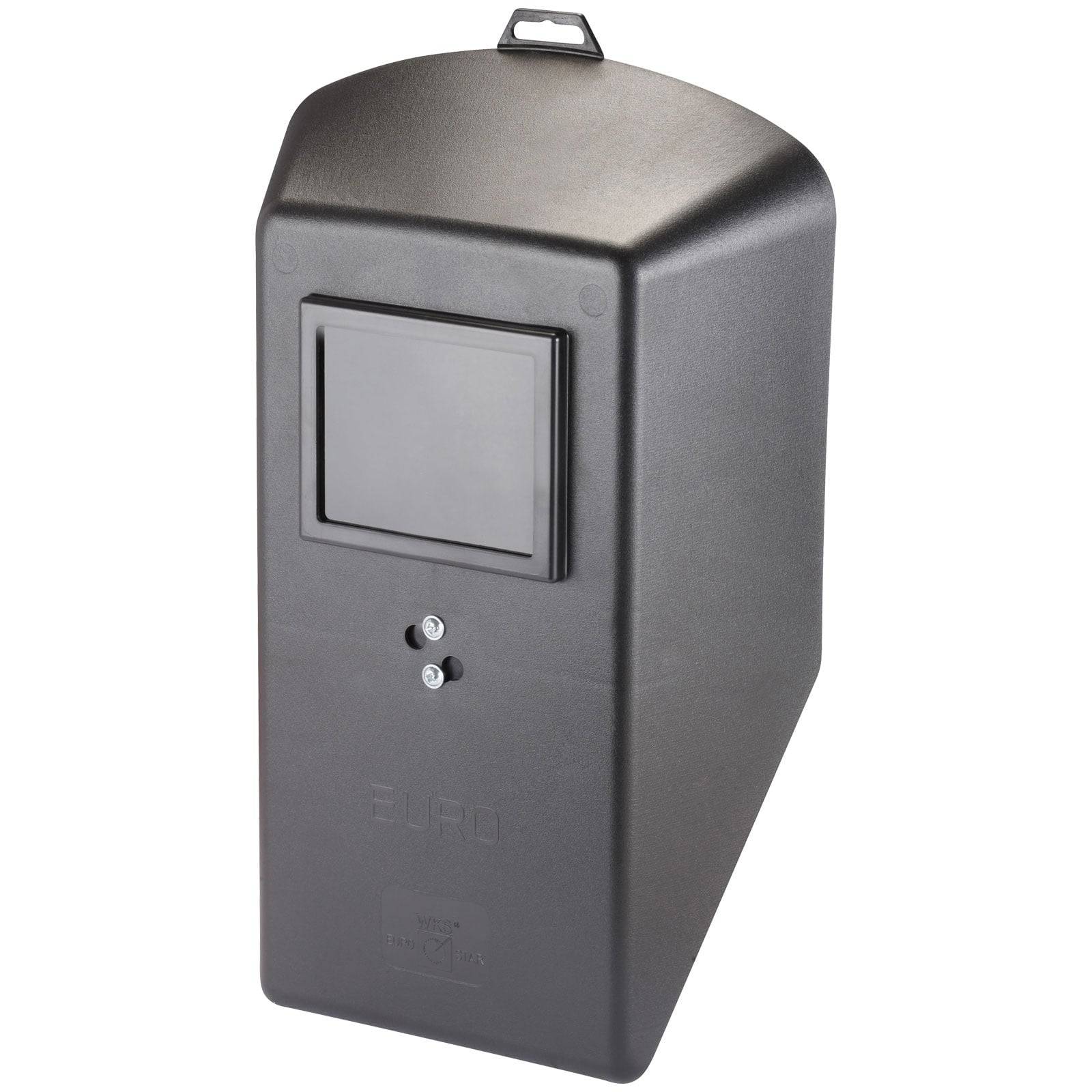 Eine schwarze, rechteckige, wandmontierte Schutzgehäuse mit einem kleinen Sichtfenster und zwei Metallschrauben an seiner Vorderseite.