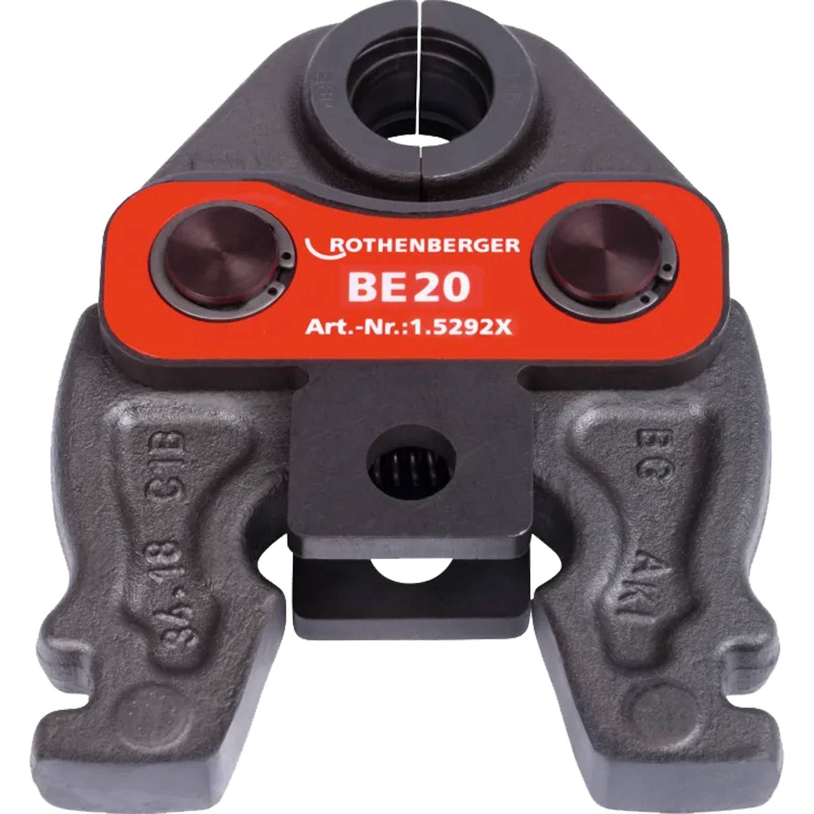 Ein grauer und roter Werkzeugkopf 'ROTHENBERGER BE20' mit der Teilenummer '1.5292X', entwickelt für den Einsatz in hydraulischen Pressensystemen.