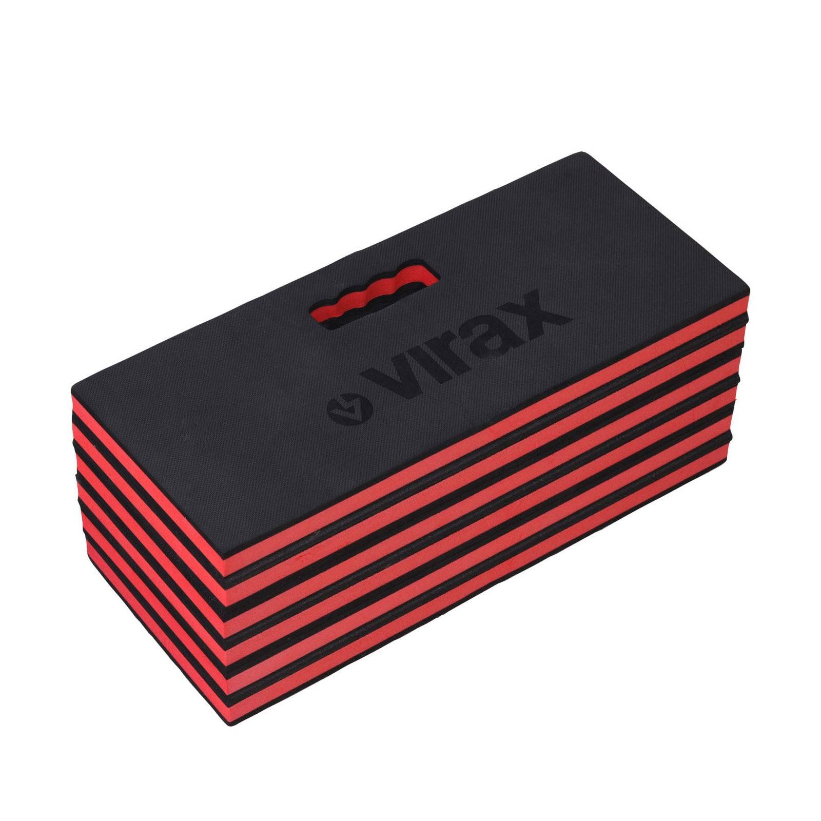 Rechteckige schwarze und rote Knieunterlage mit Griff und 'virax' Logo.