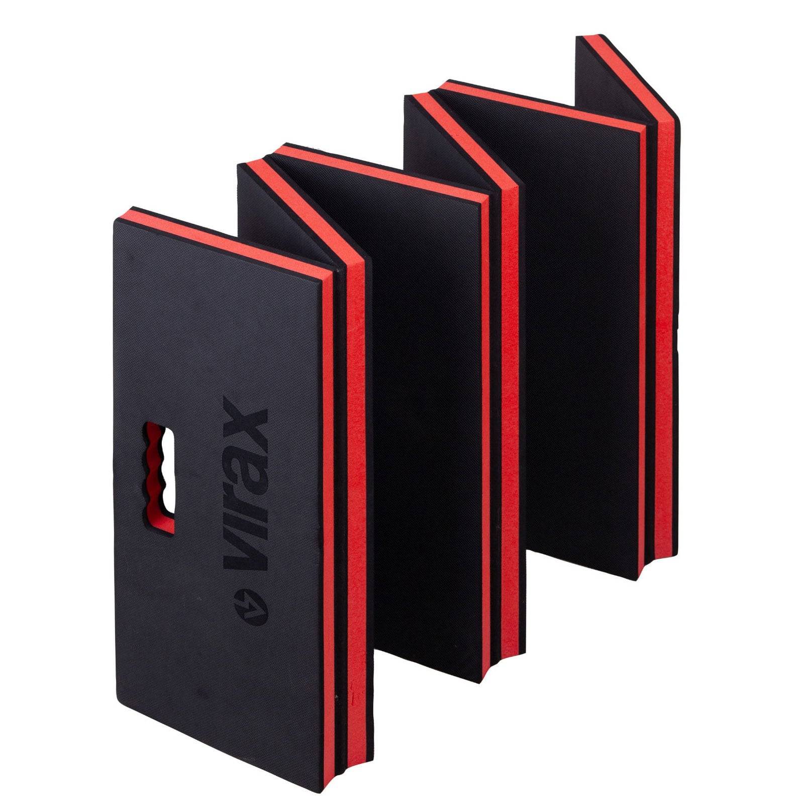 Schwarz-rote klappbare Knieunterlage mit Griff, entwickelt für Komfort bei Tätigkeiten, die Knien erfordern.