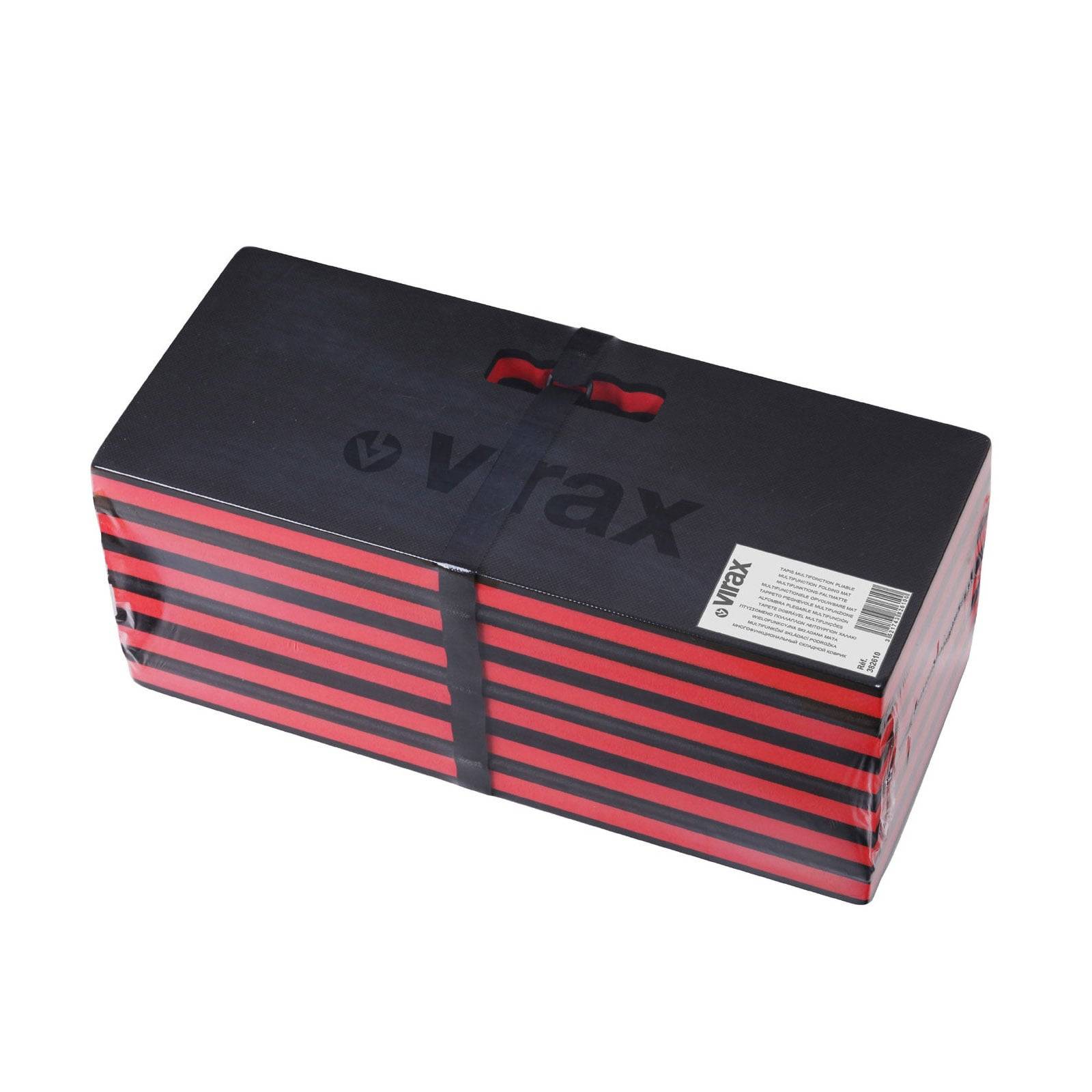 Eine schwarze und rote gestreifte V-TUF V-Trax stapelbare Werkzeugaufbewahrungsbox mit Tragegriff und einem Produktetikett an der Seite.