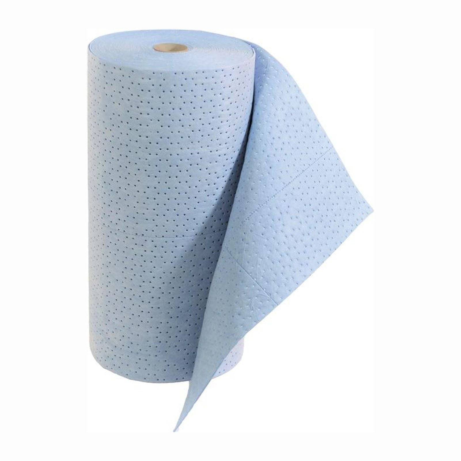 Eine Rolle hellblauer, perforierter Küchenrolle, wobei ein Blatt teilweise abgerollt ist und die Textur und Dicke sichtbar macht.