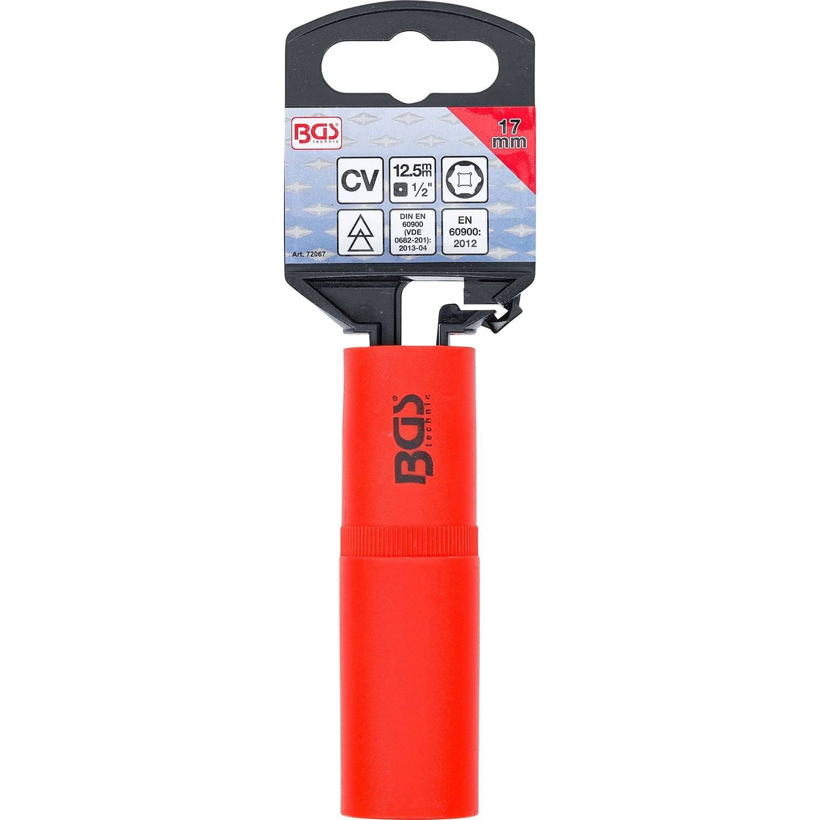 Rote BGS Steckschlüssel-Nuss, 17 mm Größe, gekennzeichnet mit Standardzertifizierungen, verpackt in einer Hängekarte zur Einzelhandelsdarstellung.