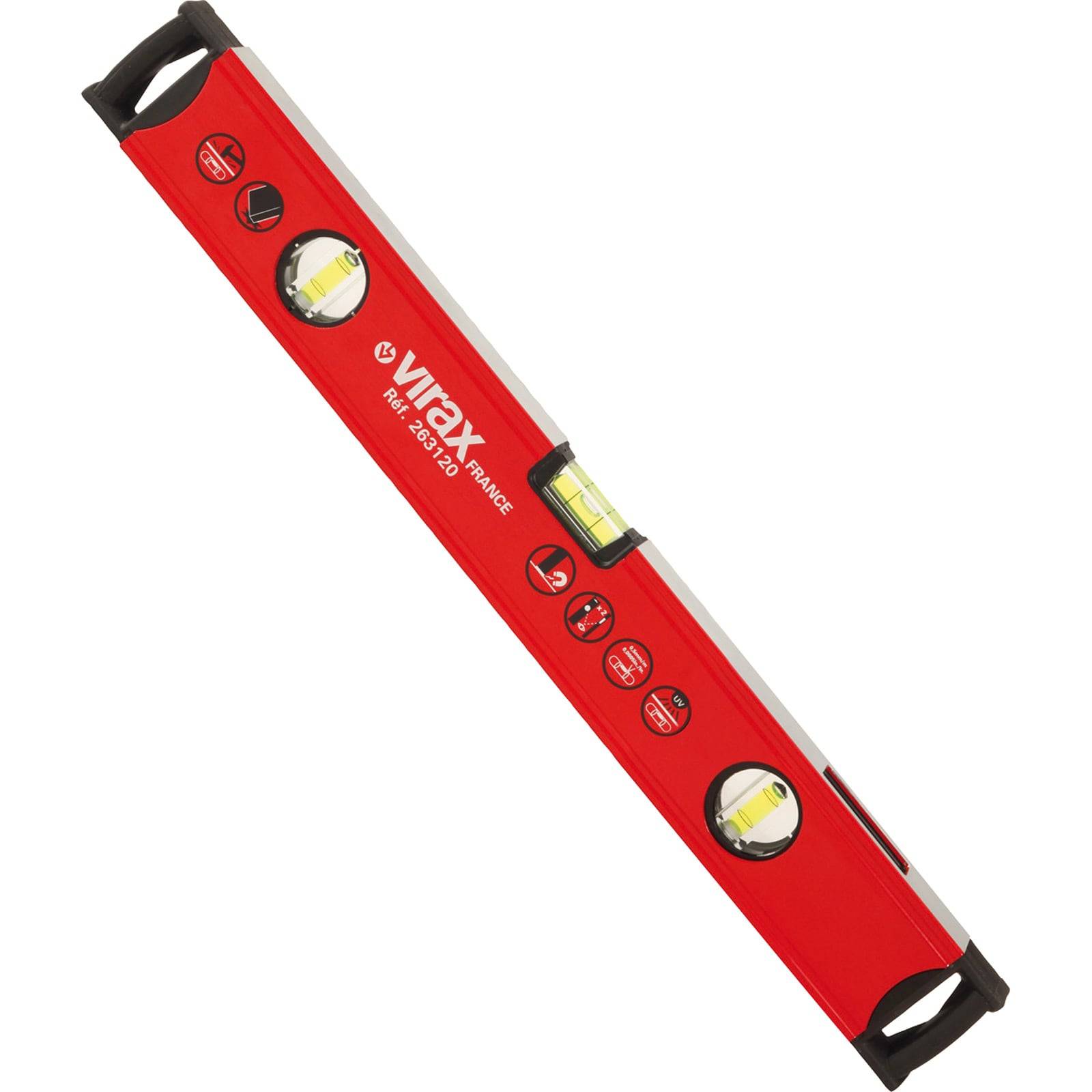 Rote Virax-Wasserwaage mit gelben Blasenfläschchen und Messskalen. Schwarze Endkappen sind zur Haltbarkeit vorhanden.