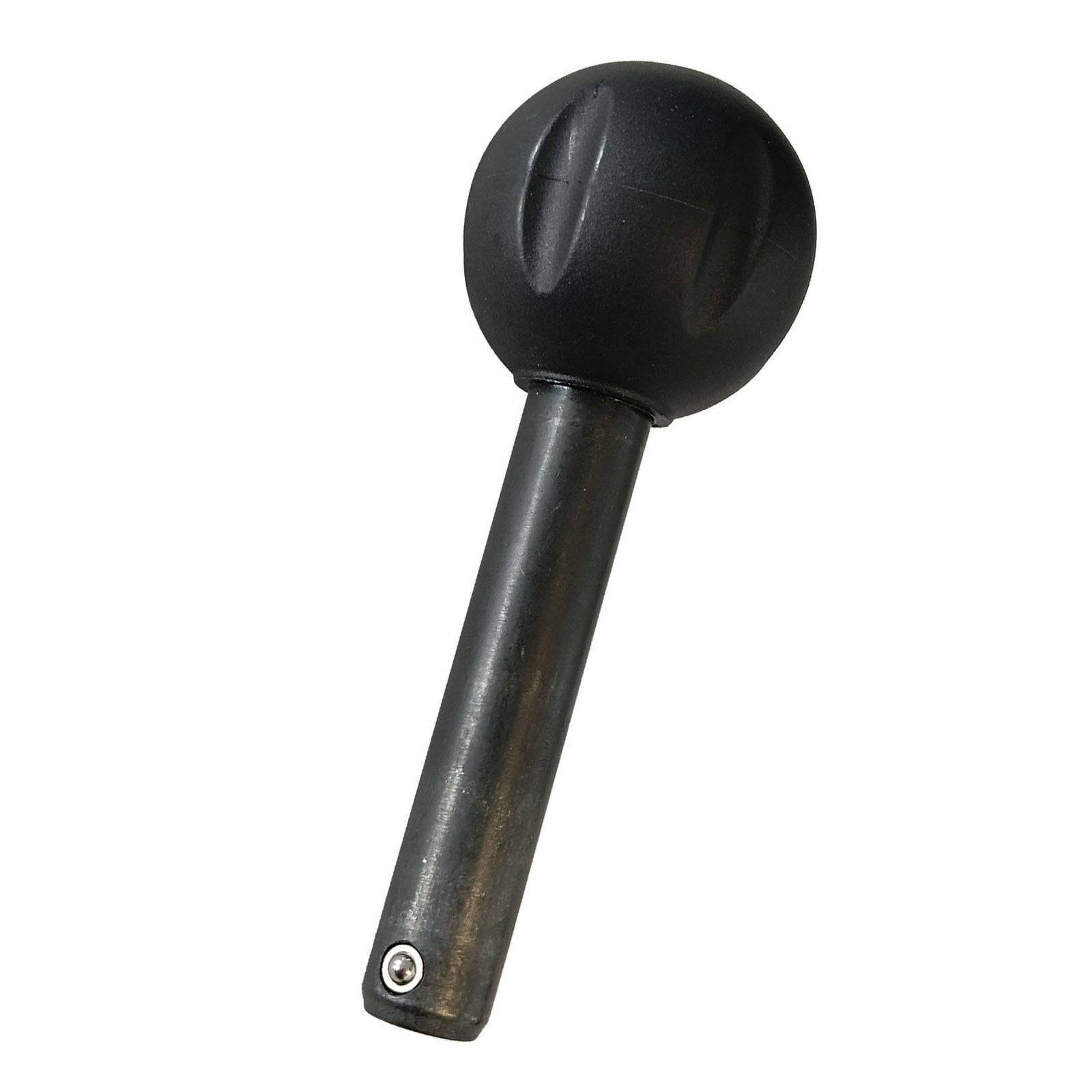 Ein schwarzer Metallgriff mit einem abgerundeten Griff an einem Ende, ähnlich einem Joystick oder einem Steuerungshebel.