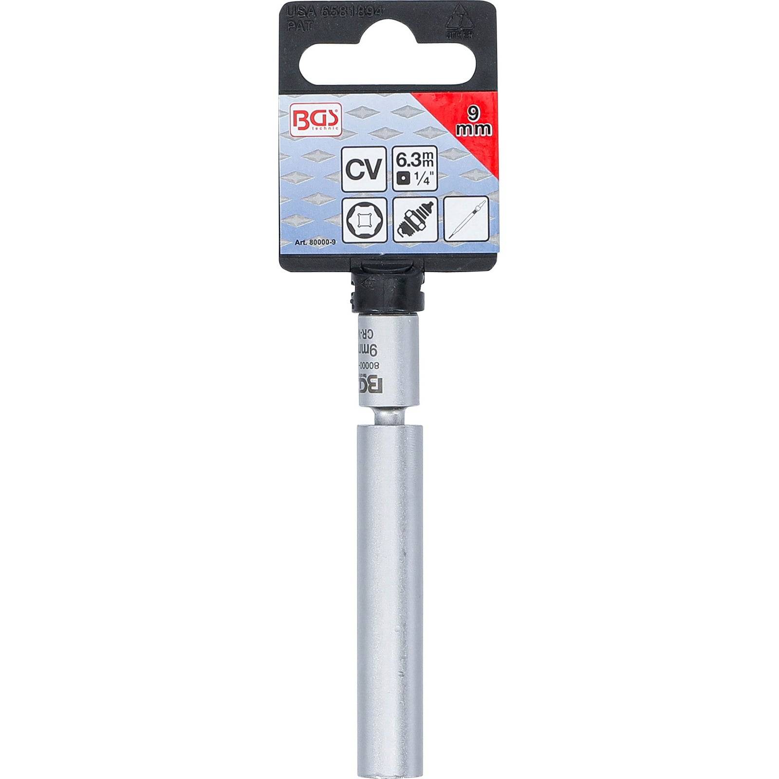 Ein 9-mm-Sechskant-Bit mit einem 6,3-mm-(1/4-Zoll)-Antrieb von BGS, in seiner Verpackung präsentiert; Merkmale umfassen das Material Chrom-Vanadium.