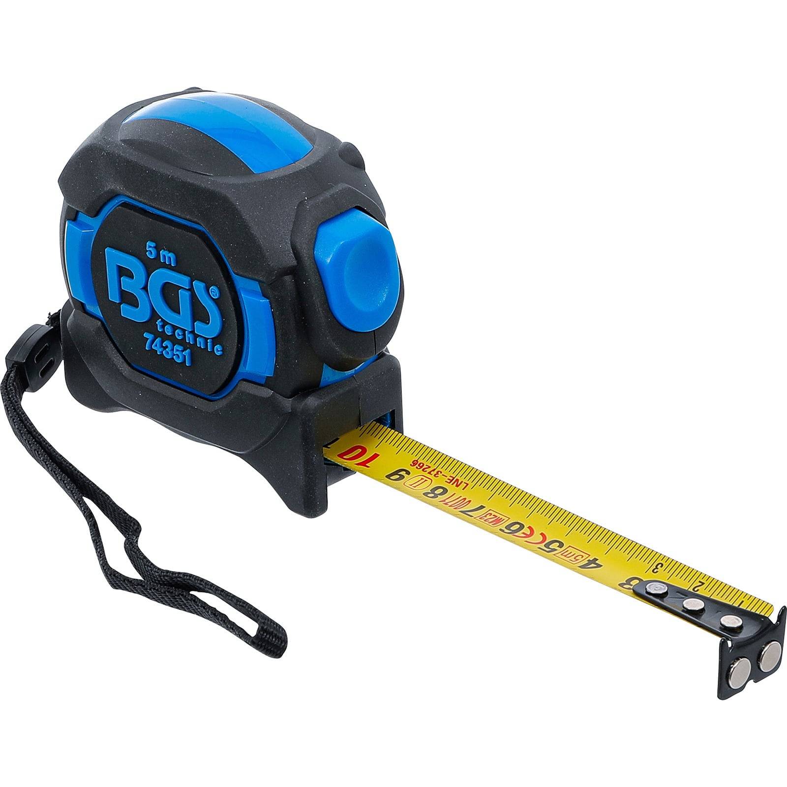 Ein blau-schwarzes Maßband ragt aus seinem Gehäuse heraus, mit Zentimeter- und Metermarkierungen versehen, das eine Längenkapazität von 5 Metern anzeigt.