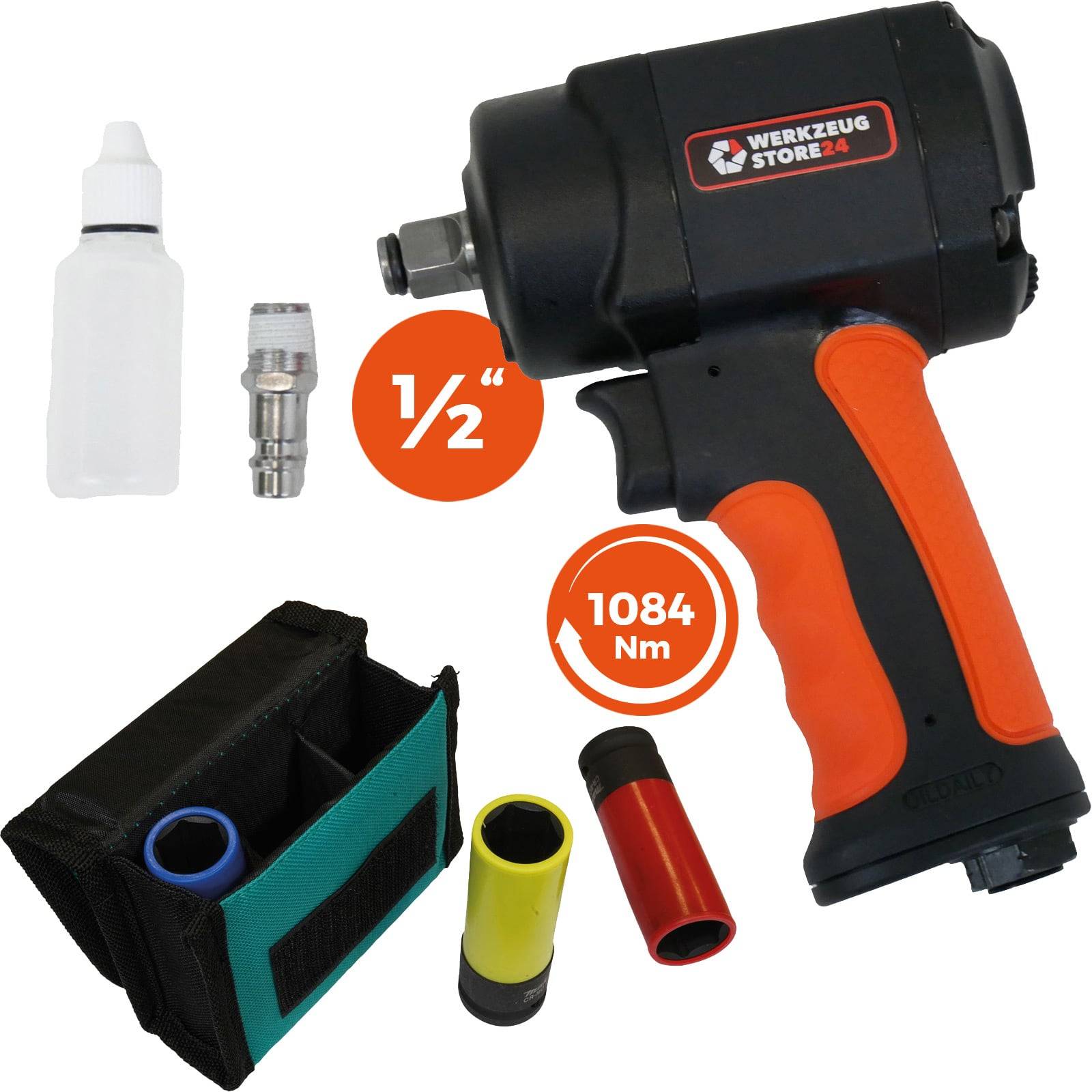 Luftimpulsschrauber mit rotem und schwarzem Griff, begleitet von Steckschlüsseln, Ölflasche und Luftanschluss. Etikett zeigt '1/2