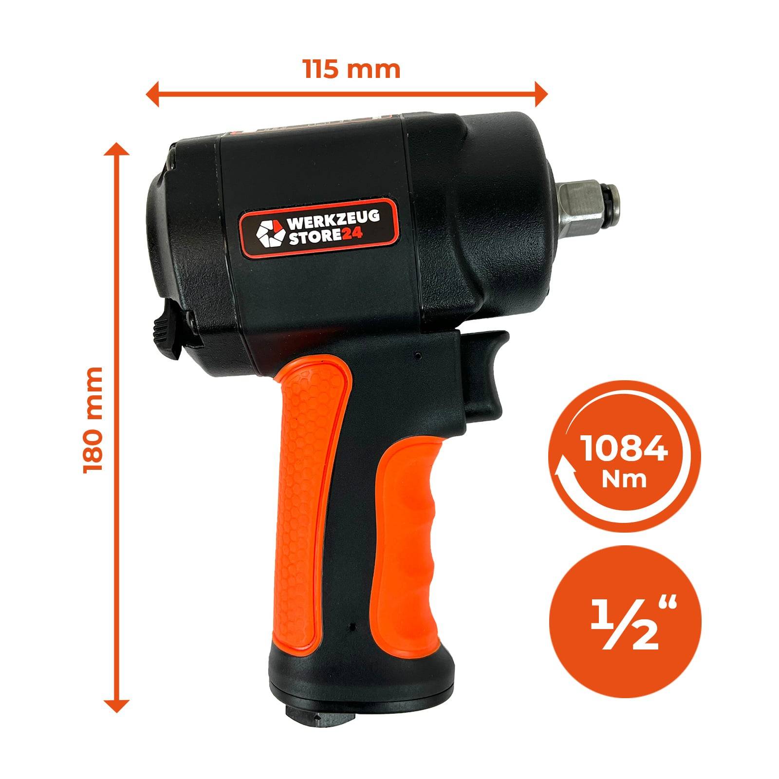Schwarzer und orangefarbener Druckluft-Schlagschrauber, beschriftet mit den Abmessungen '115 mm x 180 mm', einem Drehmoment von '1084 Nm' und einem Antrieb von '1/2 Zoll'.