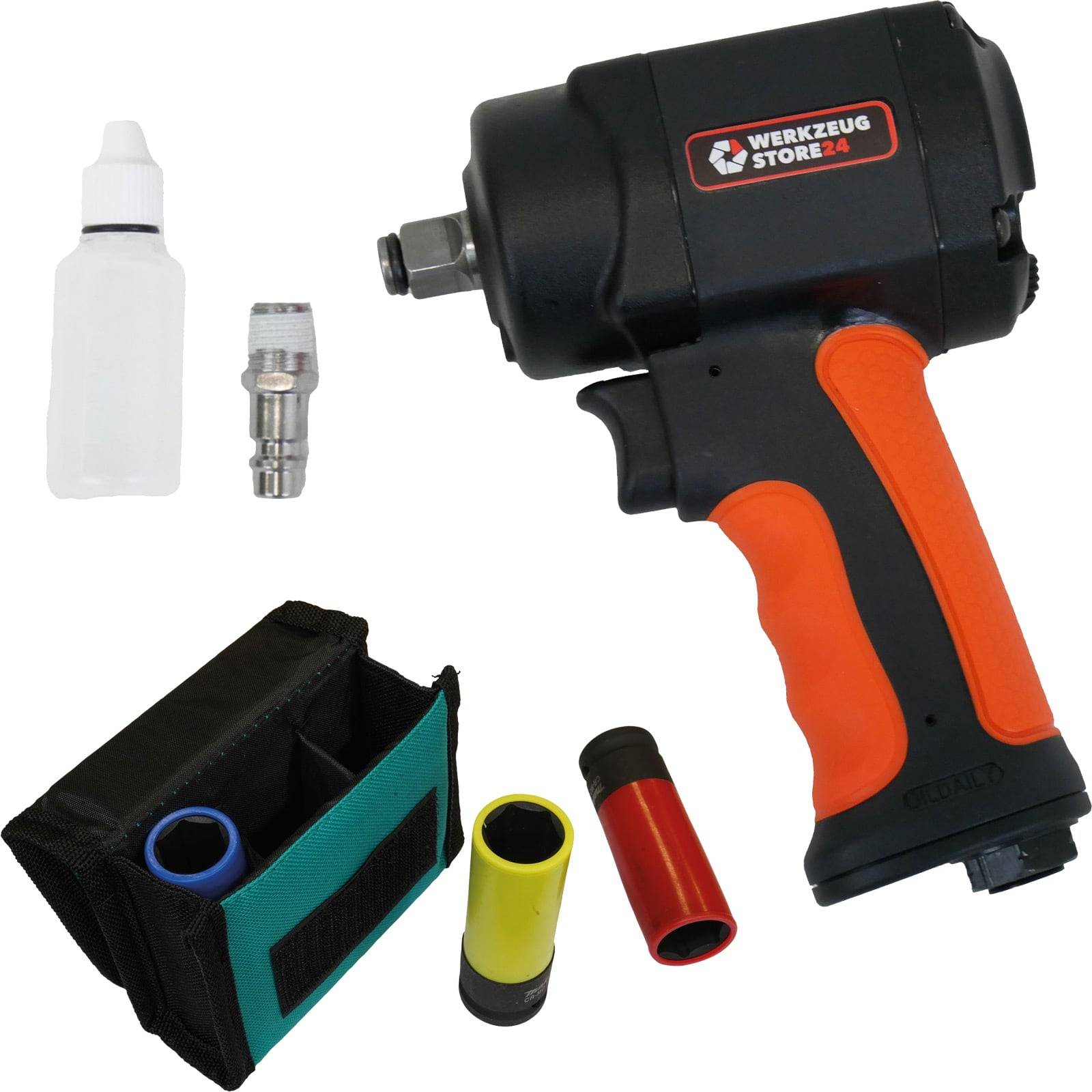 Ein Druckluft-Schlagschrauber-Set mit einer schwarz-orangen Schlagschrauber, drei Stecknussadaptern, einer Ölflasche und einem kleinen schwarzen Transportkoffer.