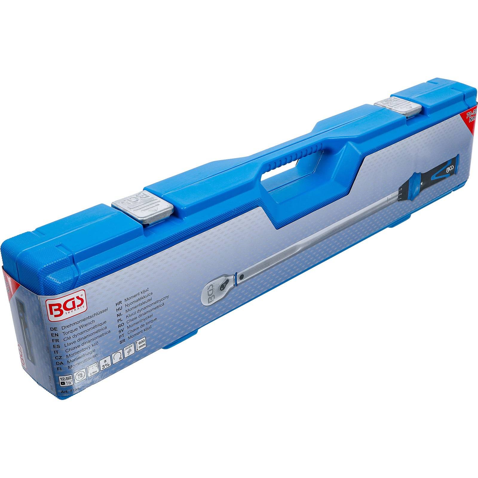 Ein blauer Plastikkoffer mit Griff, versehen mit BGS-Branding, enthält einen Drehmomentschlüsselsatz.