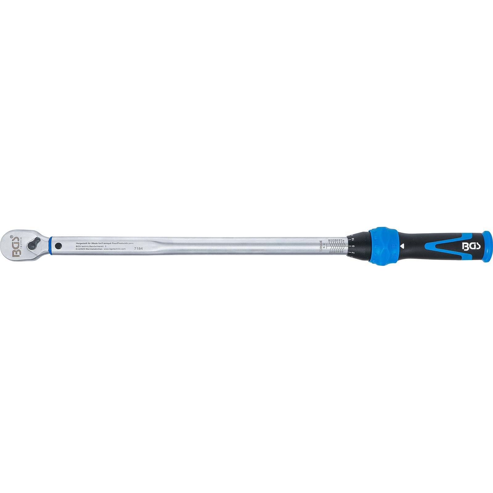 Ein langgriffiger Drehmomentschlüssel mit einem schwarz-blauen Griff und silberner Metalloberfläche, entwickelt für präzises Anziehen von Muttern und Schrauben.