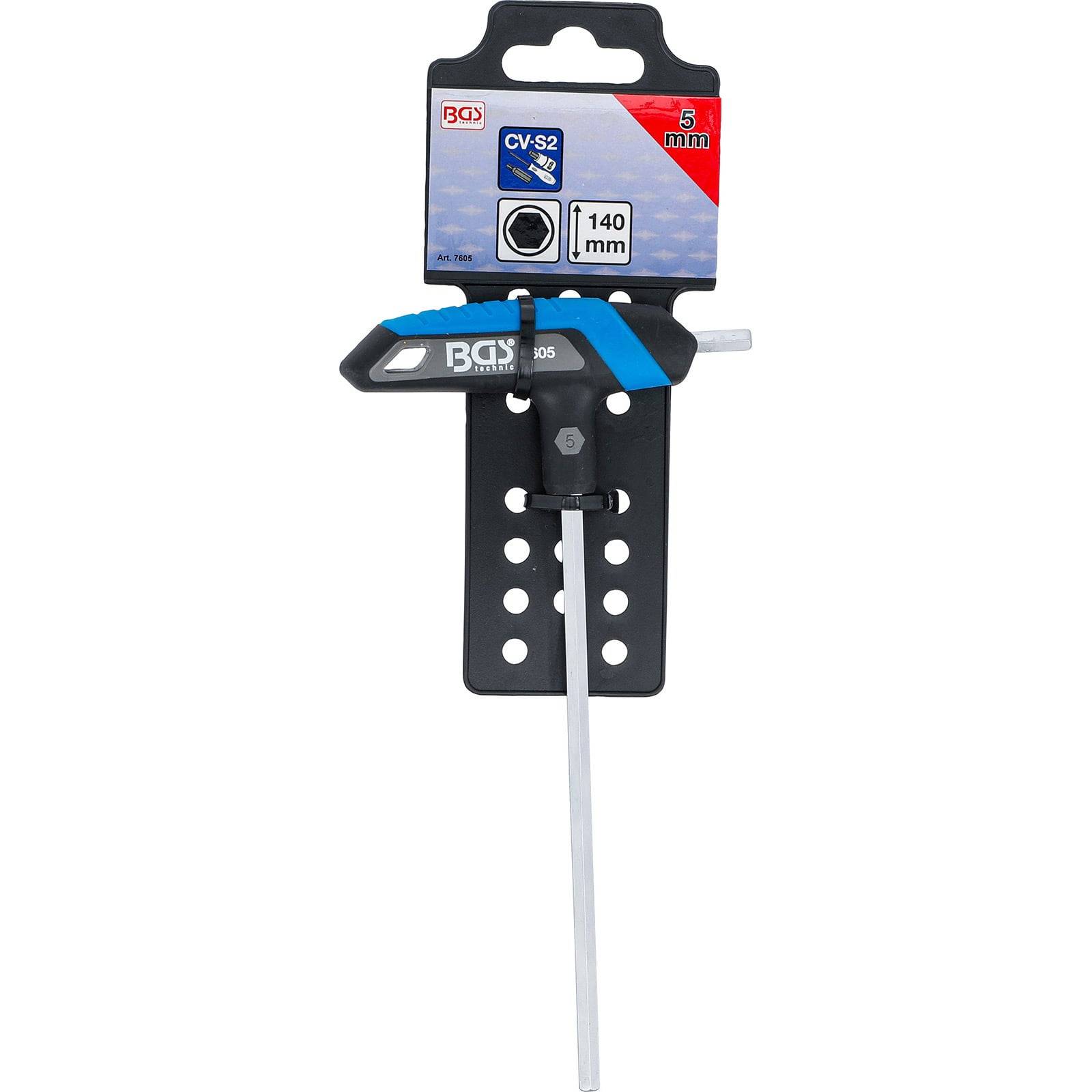 Sechskantschlüssel-Werkzeug mit blau-schwarzem Griff, beschriftet mit 'CV-S2, 140 mm, 6 mm,' auf einem schwarzen gelochten Träger zur Präsentation.