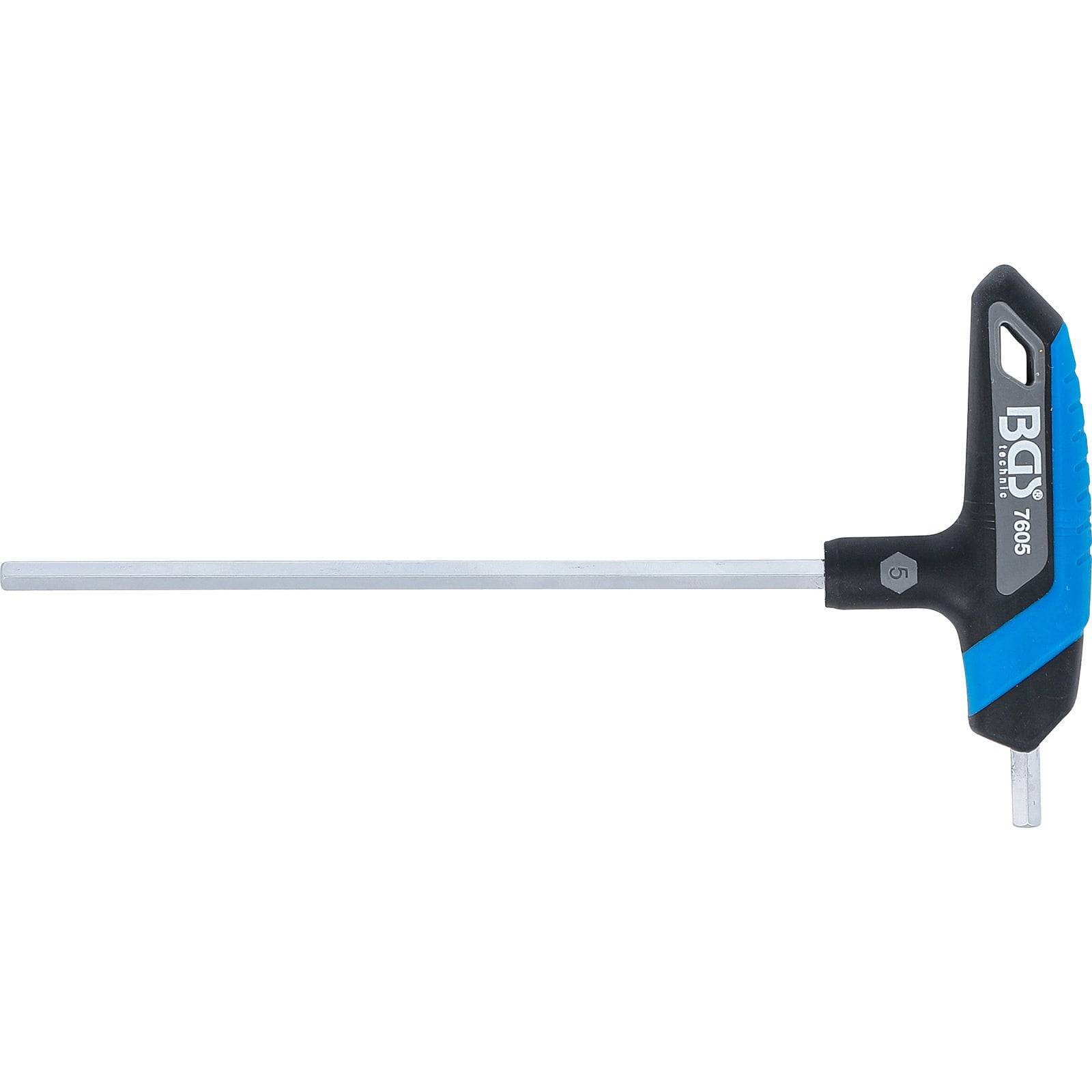 T-Griff-Sechskantschlüssel mit einem schwarzen und blauen Griff und einer langen Metallschaft, entwickelt zum Drehen von Sechskantschrauben oder Schrauben.