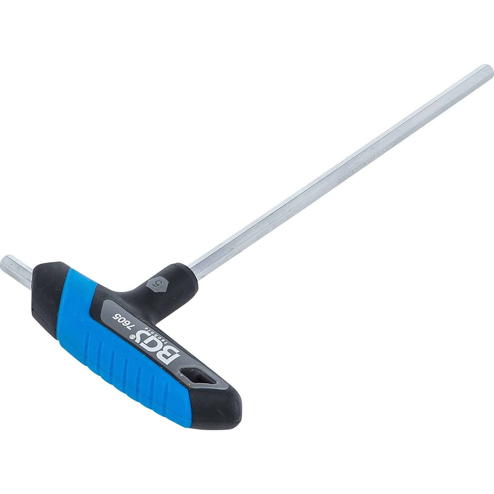 T-förmiger Sechskant-Inbusschlüssel mit einem blau-schwarzen Griff und einer langen silbernen Schaftlänge.
