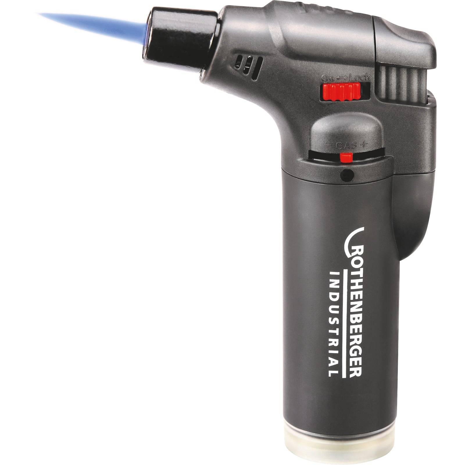 Eine schwarze Rothenberger Industrial Lötlampe mit blauer Flamme.