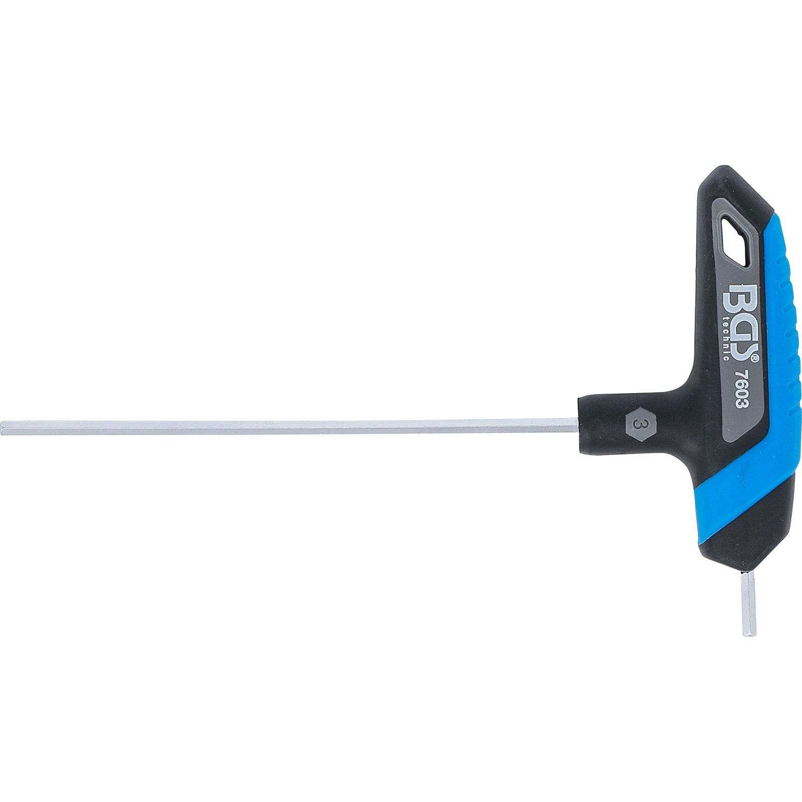 Ein T-Griff-Innensechskantschlüssel mit blau-schwarzem Griff und einem langen Metallschaft. Geeignet zum Anziehen oder Lösen von Innensechskantschrauben.