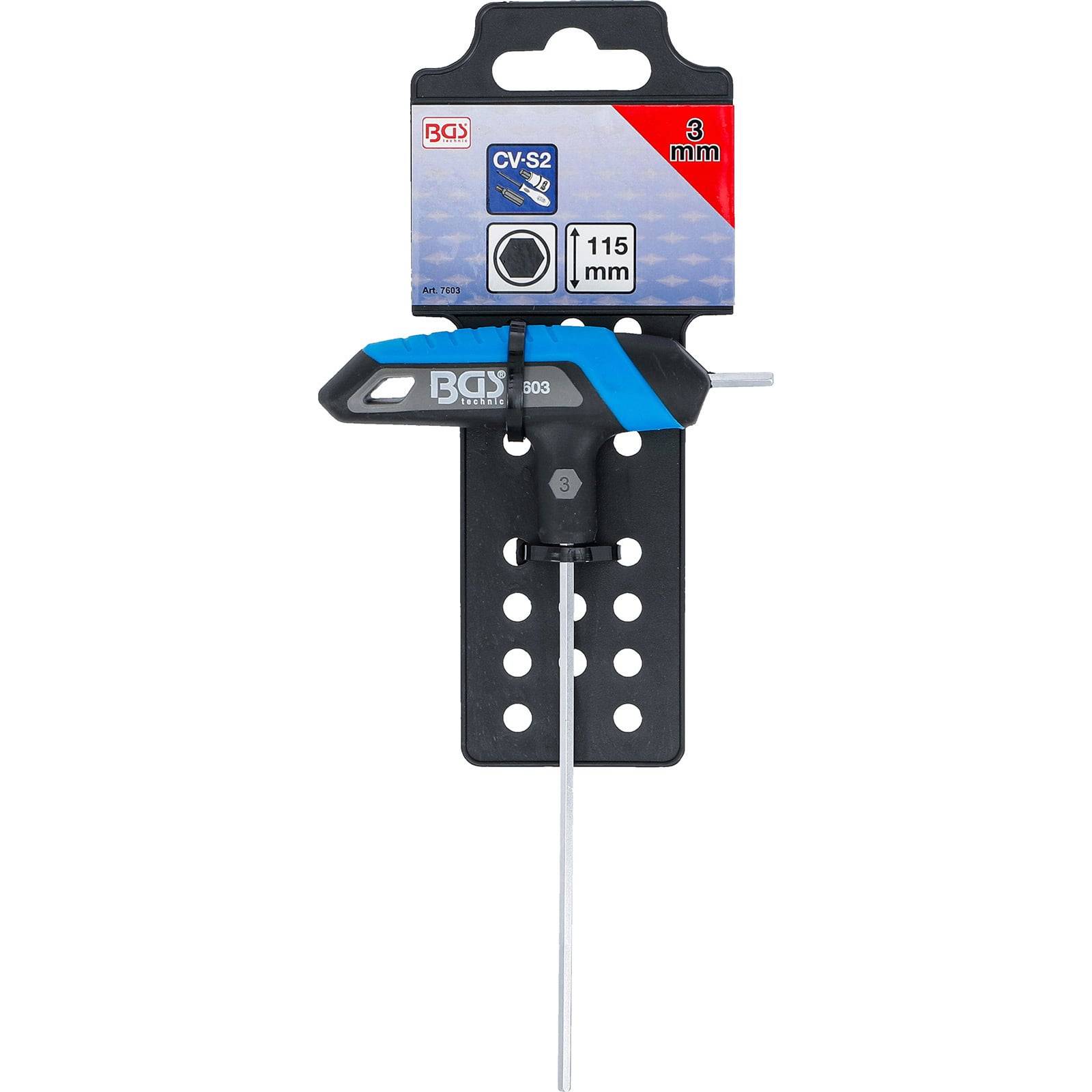 Ein 3 mm T-Griff-Innensechskantschlüssel, montiert auf einem schwarzen gelochten Panel. Der Griff weist ein blau-schwarzes Design mit Produktbranding auf.