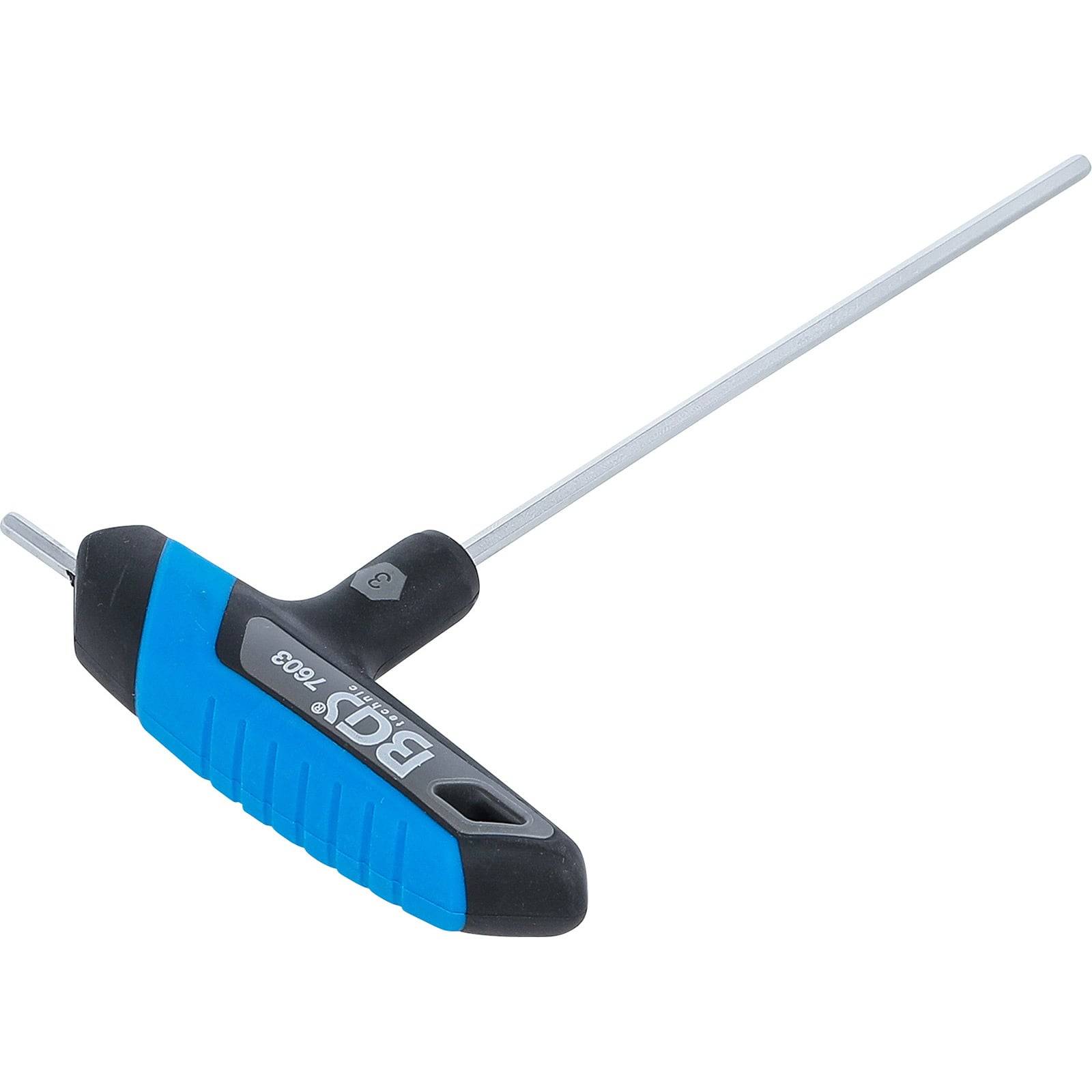T-Griff-Sechskantschlüssel mit schwarzem und blauem Gummigriff und L-förmigem Metallschaft.