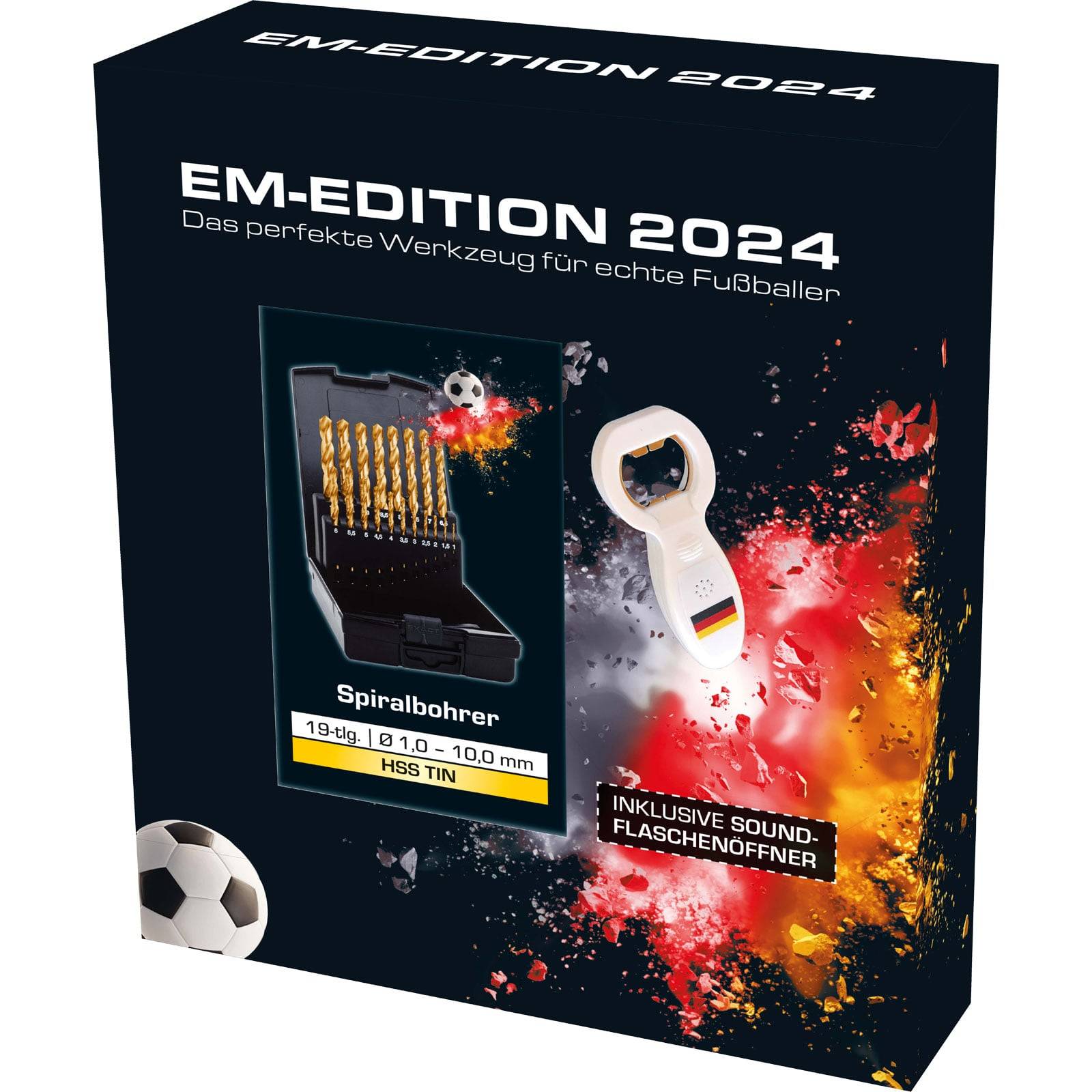 EM-AUSGABE 2024' Werkzeugset mit Bohrern und einem deutschen Flaggen-Flaschenöffner. Text lautet: 'Das perfekte Werkzeug für echte Fußballer'.