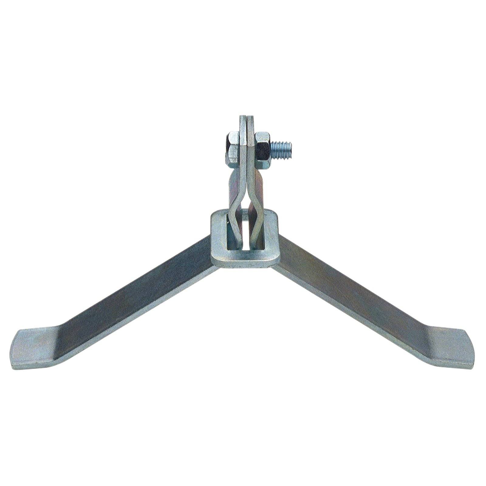Metallgelagerte Scharnier mit zwei verlängerten Armen und einem zentralen Bolzen für einstellbare Befestigung.