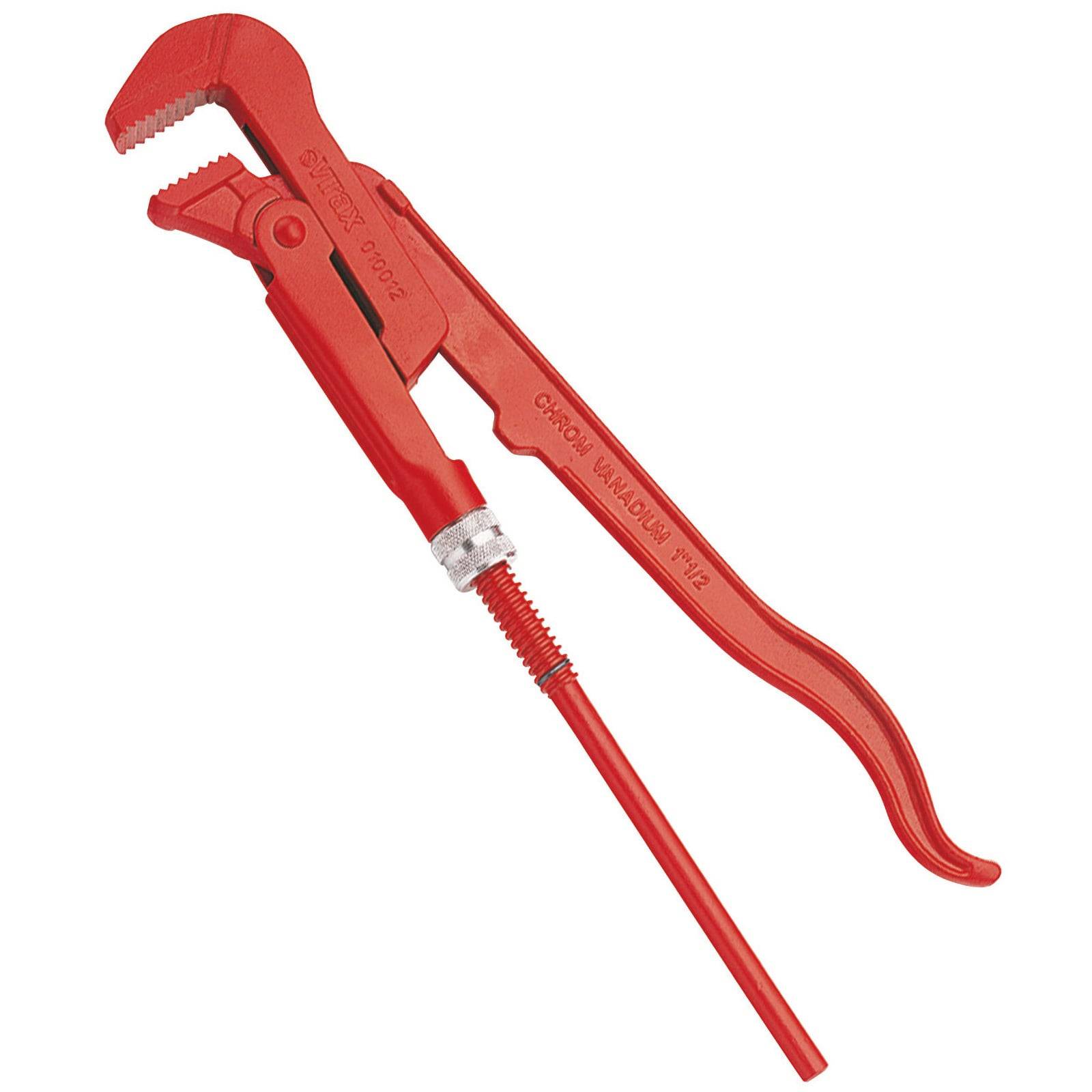 Roter Rohrzange auf weißem Hintergrund, mit verstellbaren Backen zum Greifen und Drehen von Rohren und Armaturen, beschriftet mit 