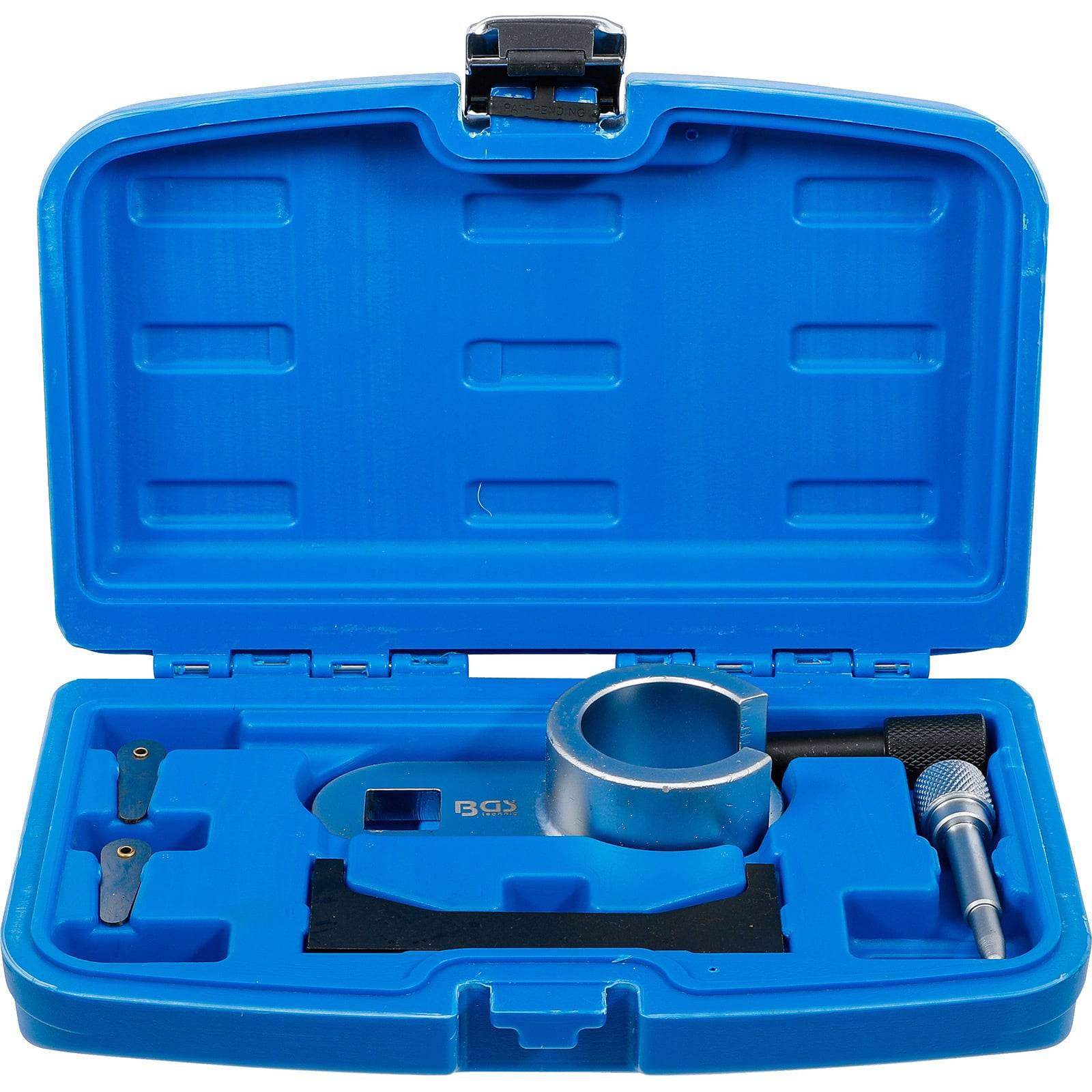 Eine blaue Kunststoffkoffer, geöffnet und enthüllend einen Satz von Präzisionswerkzeugen, darunter ein Mikrometer und verschiedene Anbauteile, die in Schaumstoffschlitzen sorgfältig angeordnet sind.