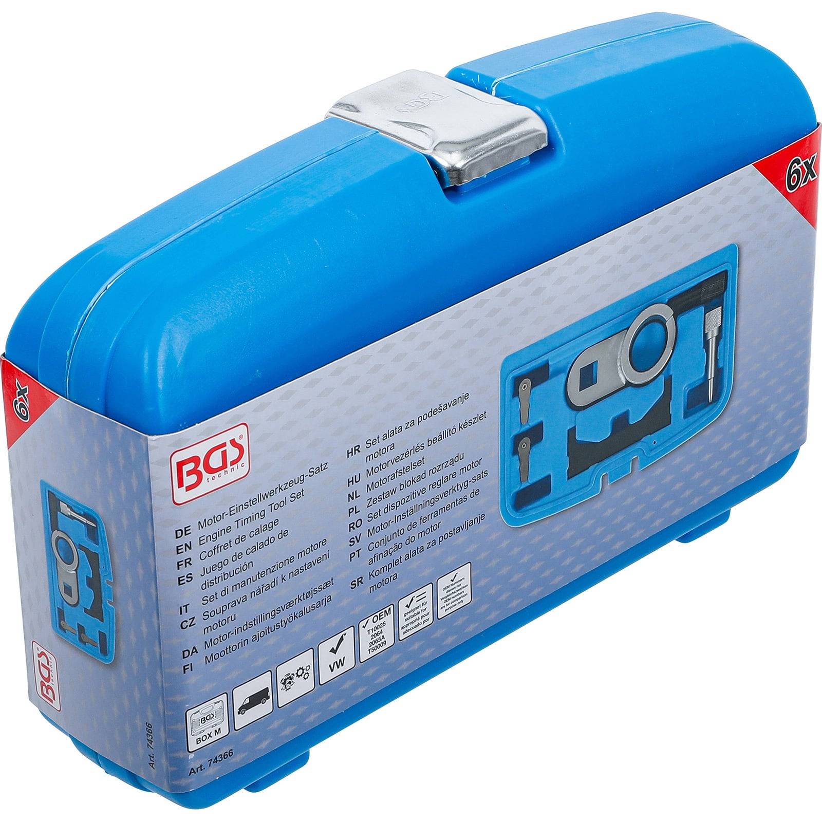 Blauer Kunststoff-Werkzeugkoffer mit einem Metalldrehverschluss, versehen mit einem aufgedruckten Bild des Werkzeugsatzes im Inneren und mehreren Übersetzungen der Produktdetails.