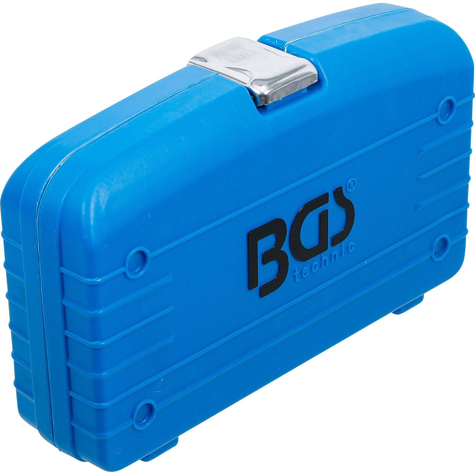 Ein blauer Kunststoff-Werkzeugkoffer mit einem silbernen Verschluss und dem 'BGS'-Logo an der Seite, der als markeneigener Aufbewahrungsbehälter gekennzeichnet ist.