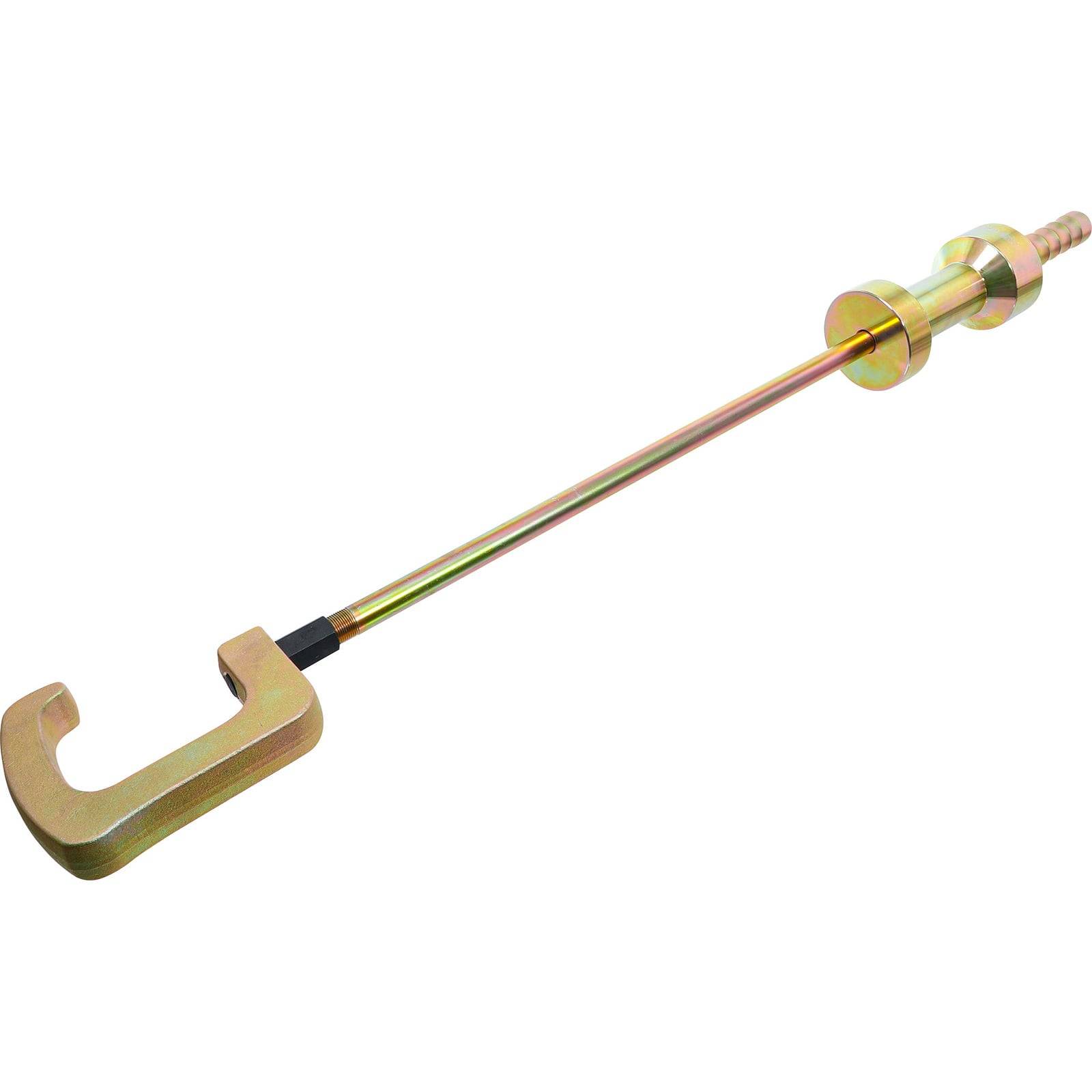 Ein Metallschlaghammer-Dellenzieher mit einer langen Stange, die an einem Ende einen Haken aufweist und Gewichte für das Herausziehen von Beulen in Karosserieblechen besitzt.