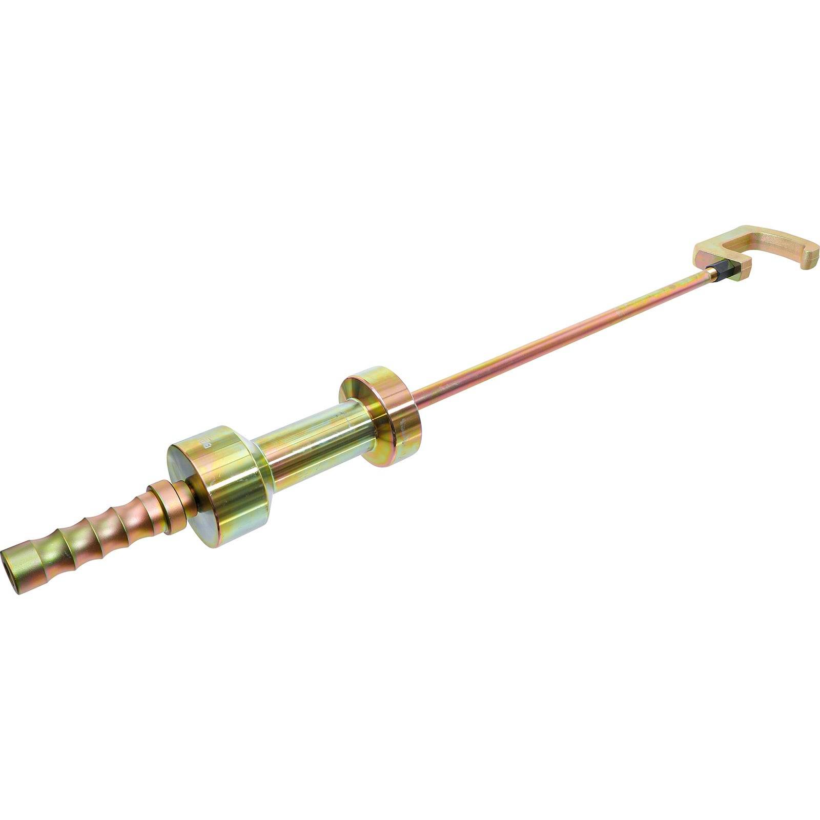 Ein langer, metallischer Ausbeulhammer mit einem Griff an einem Ende und einem Gewindeadapter am anderen Ende, der üblicherweise für Karosseriereparaturen verwendet wird.