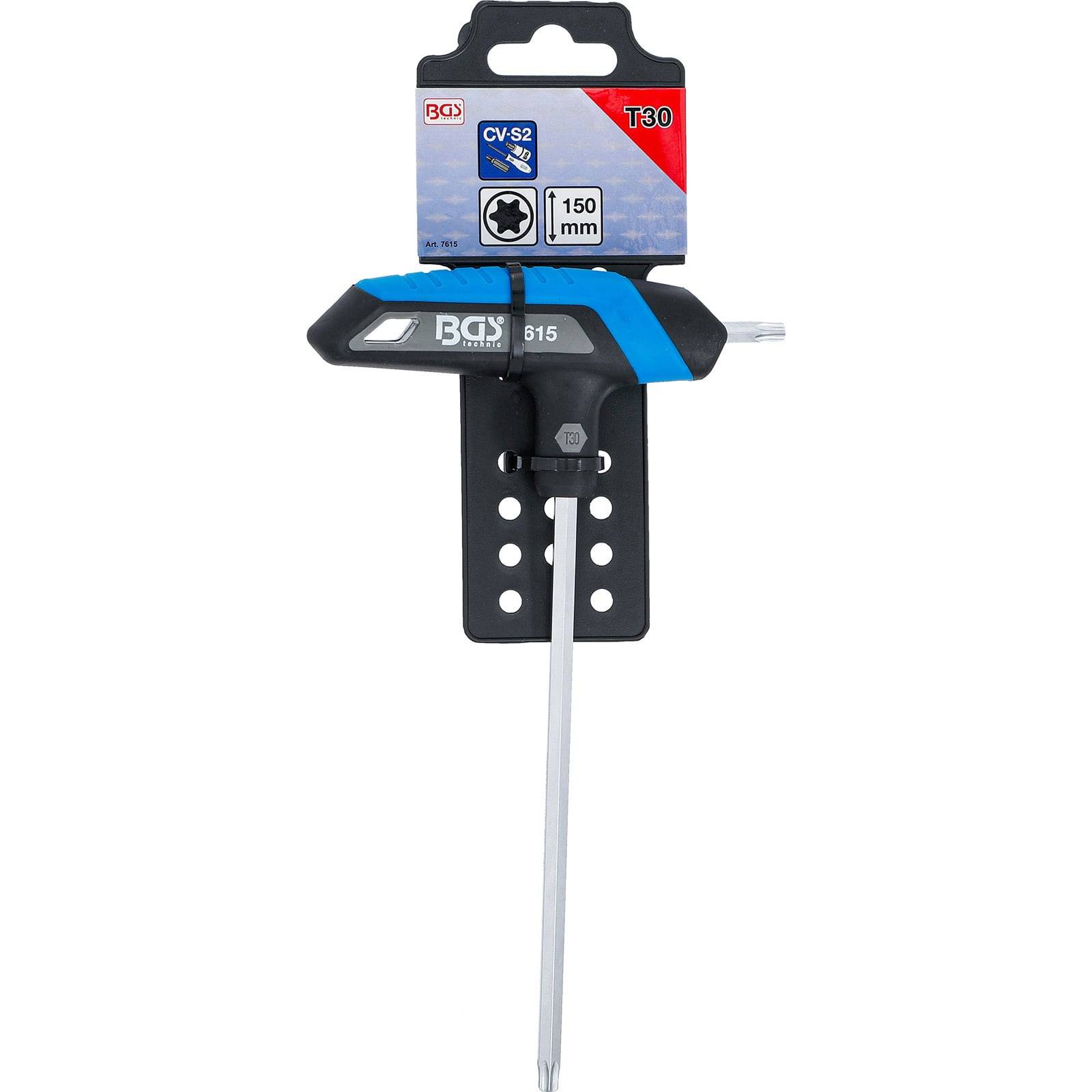 T-Griff Torx-Schlüssel mit der Bezeichnung 'BGY 615' und einer Schaftlänge von 150 mm, entwickelt für präzise Drehmomentanwendungen, präsentiert auf einer Displaykarte.