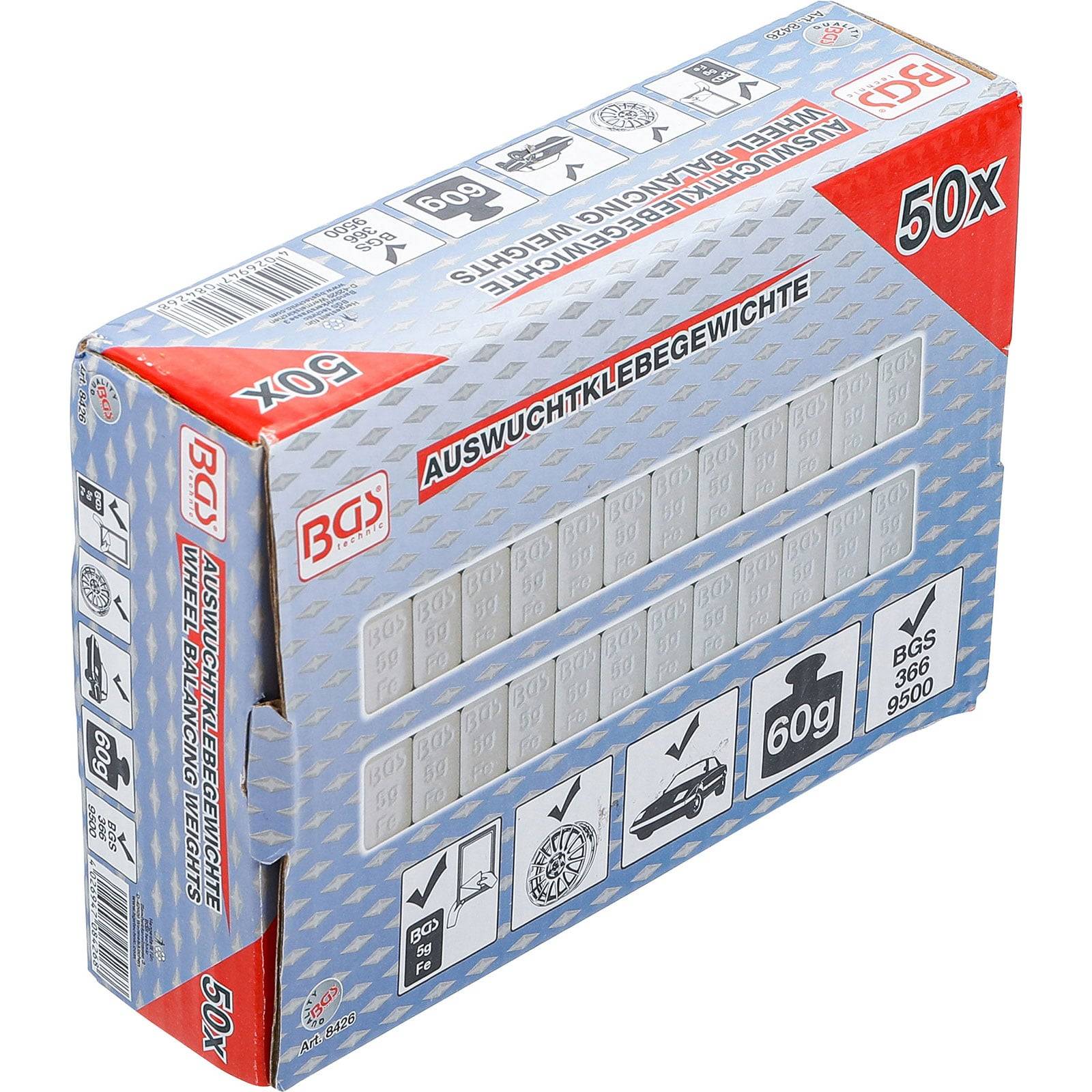 Karton mit 50 selbstklebenden Auswuchtgewichten, silber, je 60g für Autoräder, von BGS Tools.