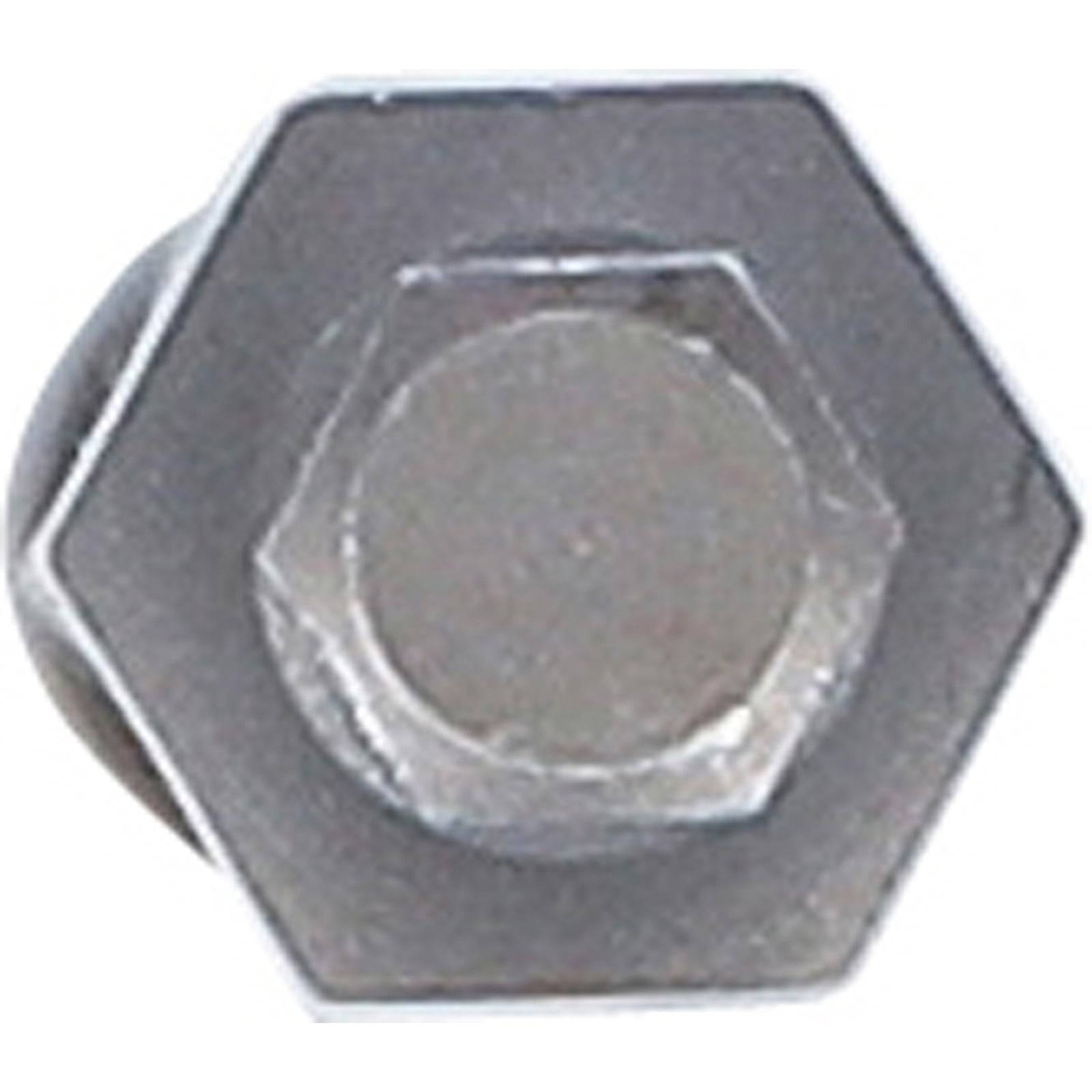 Eine glänzende, silberne sechseckige Mutter, von oben betrachtet, mit ihren sechs flachen Seiten und kreisförmigen Zentrum.