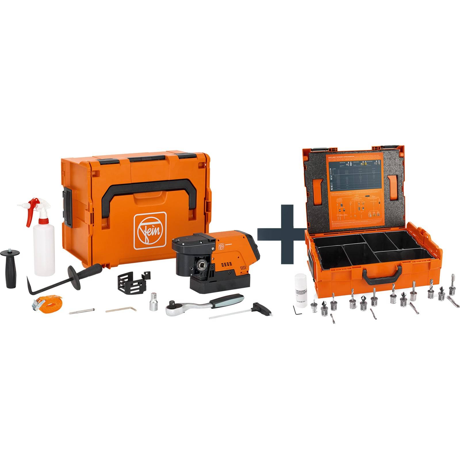 Werkzeugset beinhaltet eine Bohrmaschine, Koffer, verschiedene Bohrer, Griffe und Zubehör, übersichtlich angeordnet. Ideal für professionelle Anwendungen oder Heimwerker.