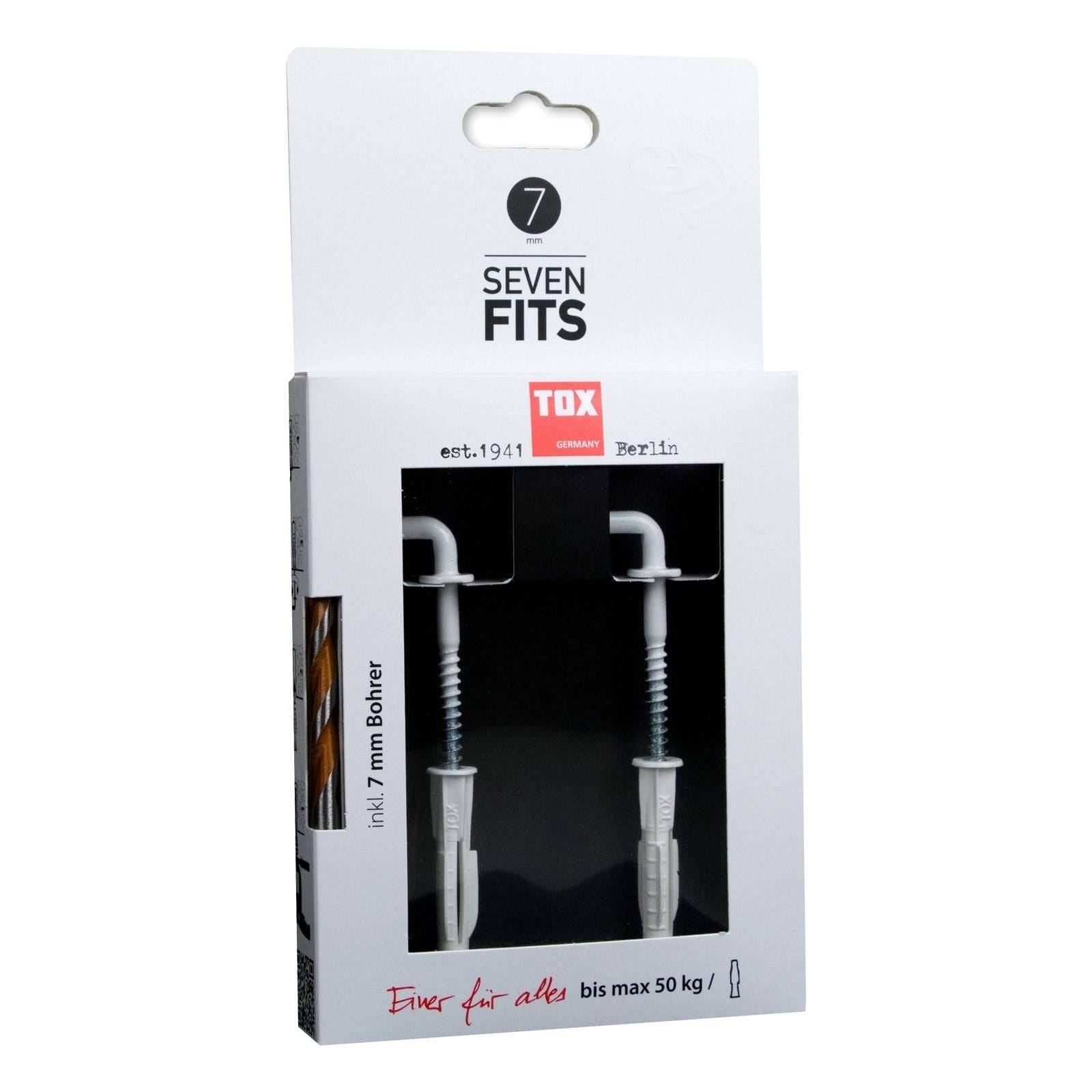 TOX Sieben Fits' Schraubenpaket, präsentiert 7 mm Wandbefestigungen mit einer Tragfähigkeit von 50 kg. Die Verpackung zeigt sichtbare Markierung und Produktdetails.