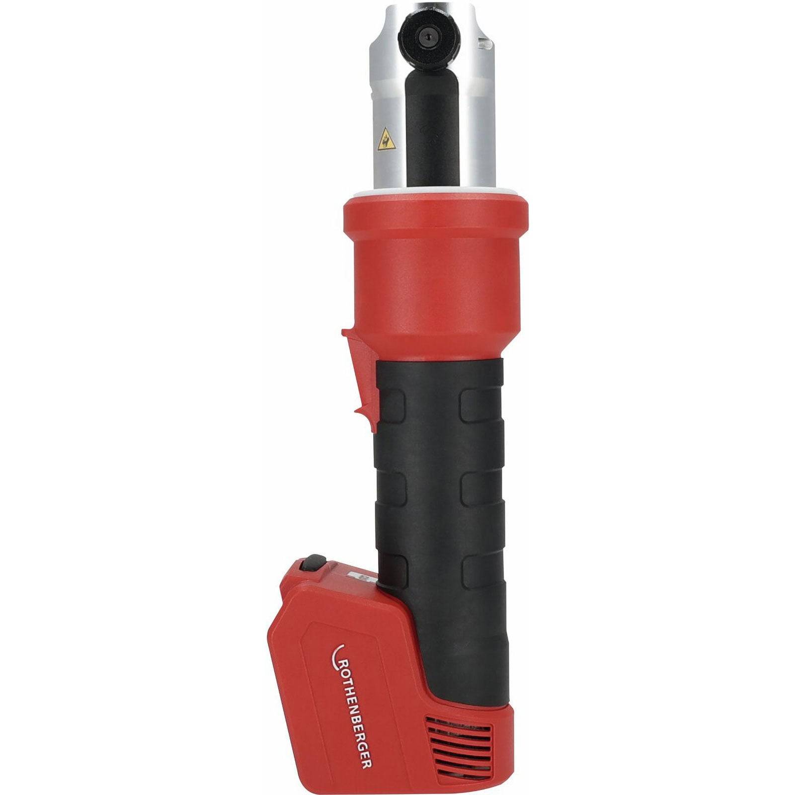 Ein kabelloses rot-schwarzes Elektrowerkzeug mit vertikalem Griff, das zum Crimpen oder Schneiden entwickelt wurde und mit einem Akku am Fuß ausgestattet ist.