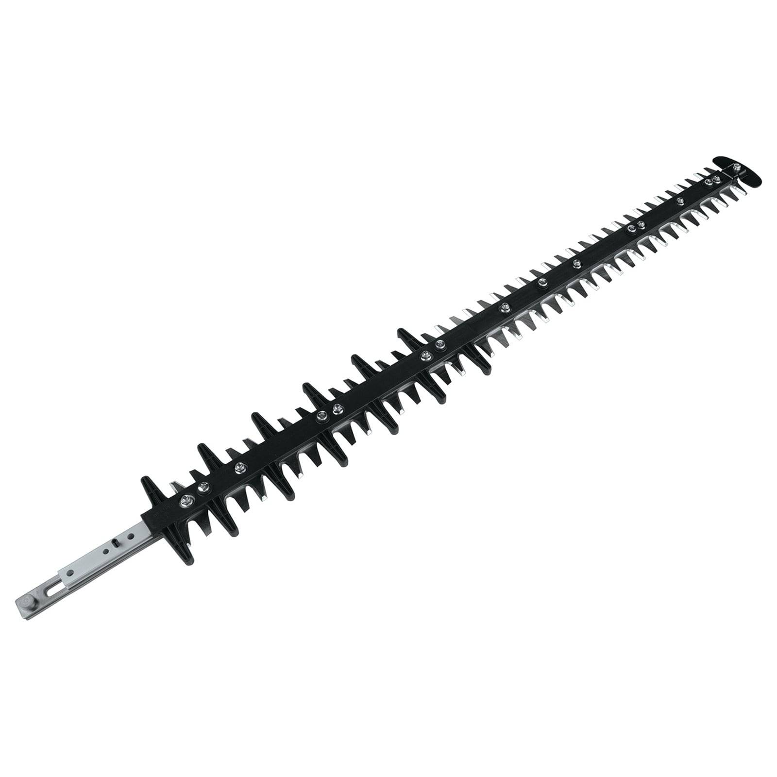 Eine schwarze Heckenscherenmesser horizontal positioniert mit abwechselnd gezackten Kanten zum Schneiden.
