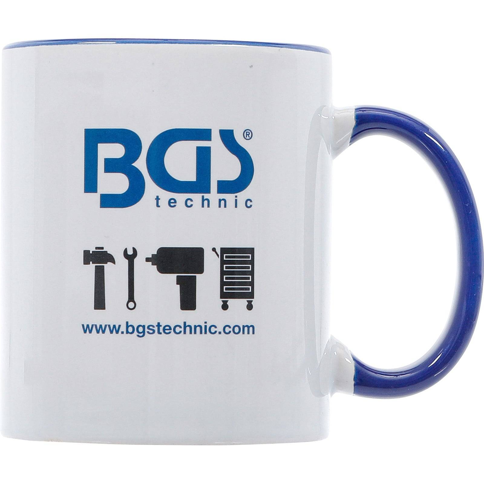 Eine Keramiktasse mit blauem Griff, die das 'BGS technic' Logo sowie Symbole eines Hammers, Schraubenschlüssels, Bohrers und einer Werkzeugkiste trägt.